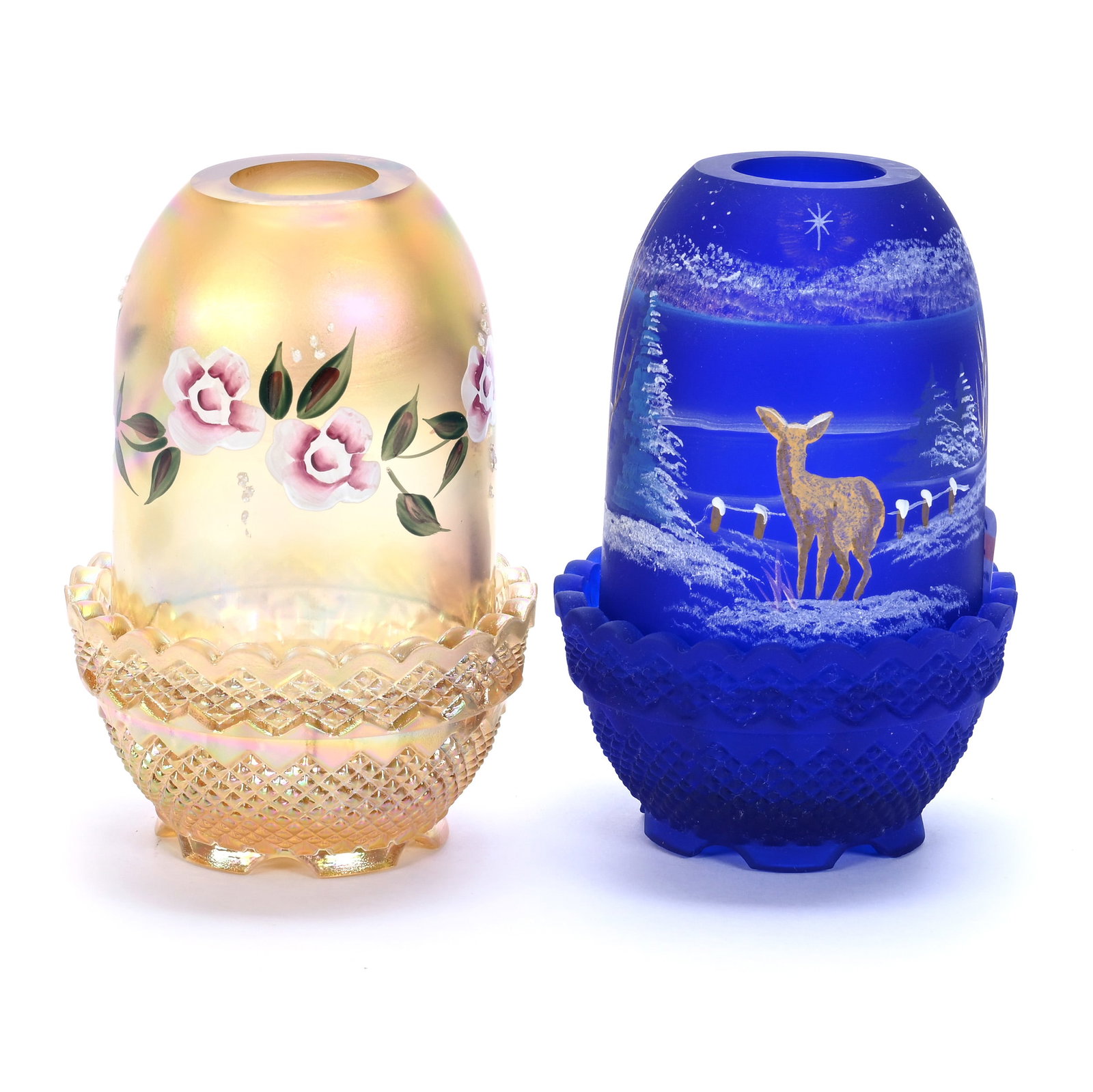 (2) Fairy Lamps, Fenton Art Glass: (2) Fairy Lamps, Fenton Art Glass, 4.5 x 3.25 x 3.25 Inches, Hand Painted, (1) Cobalt Blue Satin With Deer And Winter Scene Decor, Limited Edition, Dated 1994, (1) Iridized Marigold, Floral Decor, Art
