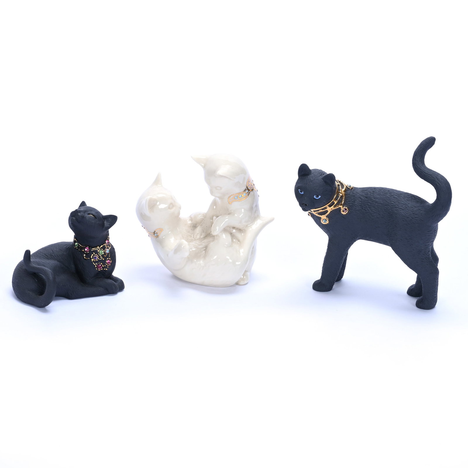 (3) Cat Figurines, Marked Lenox: (3) Cat Figurines, Marked Lenox, 5.25 x 4.5 x 3 Inches, (1) Titled: "Diamond And Onyx", (1) 2.75" Titled: "Sunshine Daydreams", And (1) 4"With Two Kittens At Play, Dated 1995, 0.9 Pounds, Hazel Elaine