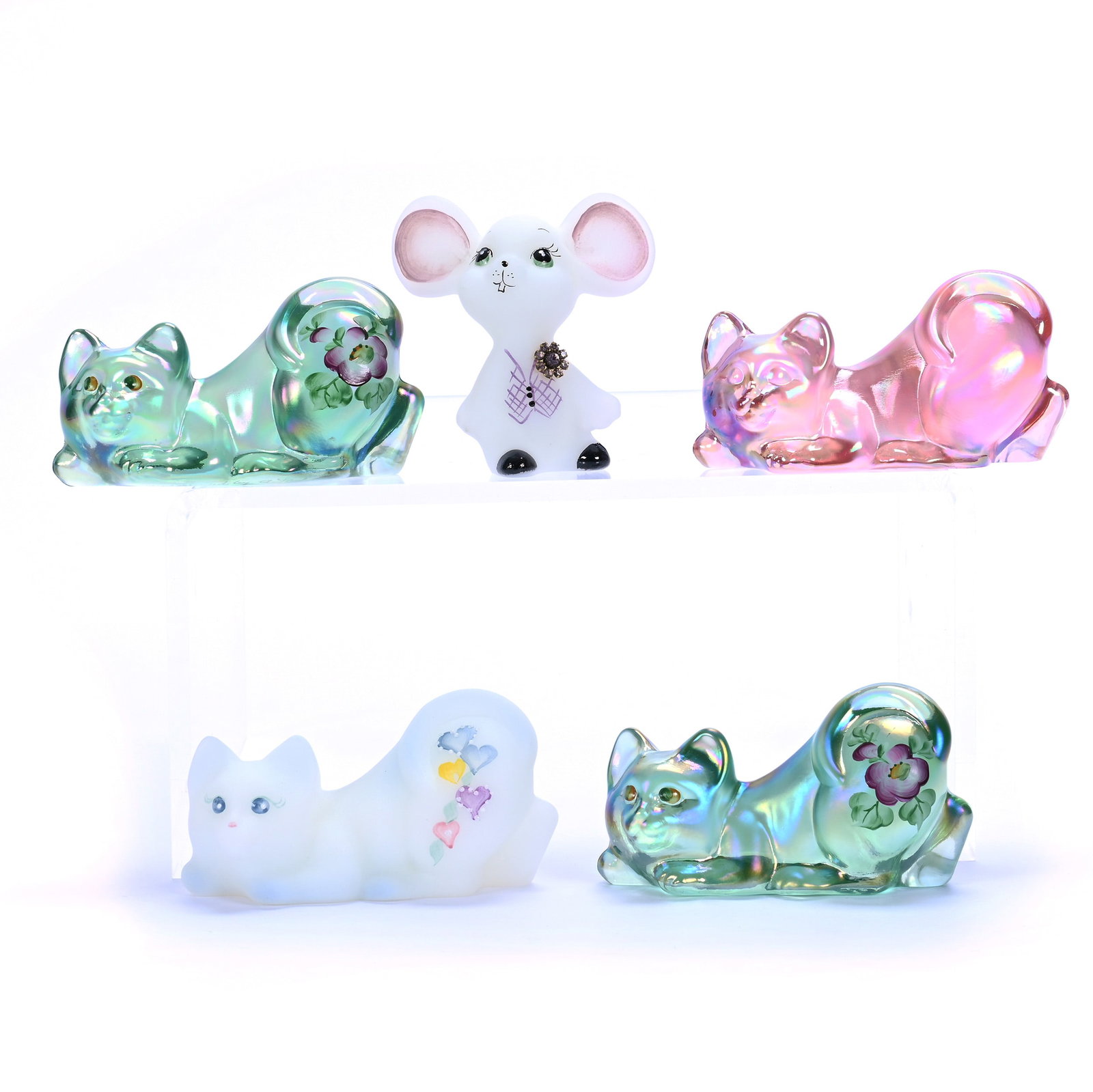 (4) Cat Figurines And (1) Mouse Figurine, Fenton Art Glass: (4) Cat Figurines And (1) Mouse Figurine, Fenton Art Glass, 2 x 3.75 x 1.5 Inches, (1) Iridescent Pink, (2) Iridescent Green With Hand Painted Decor, (1) White Satin With Hand Painted Decor, And (1) W