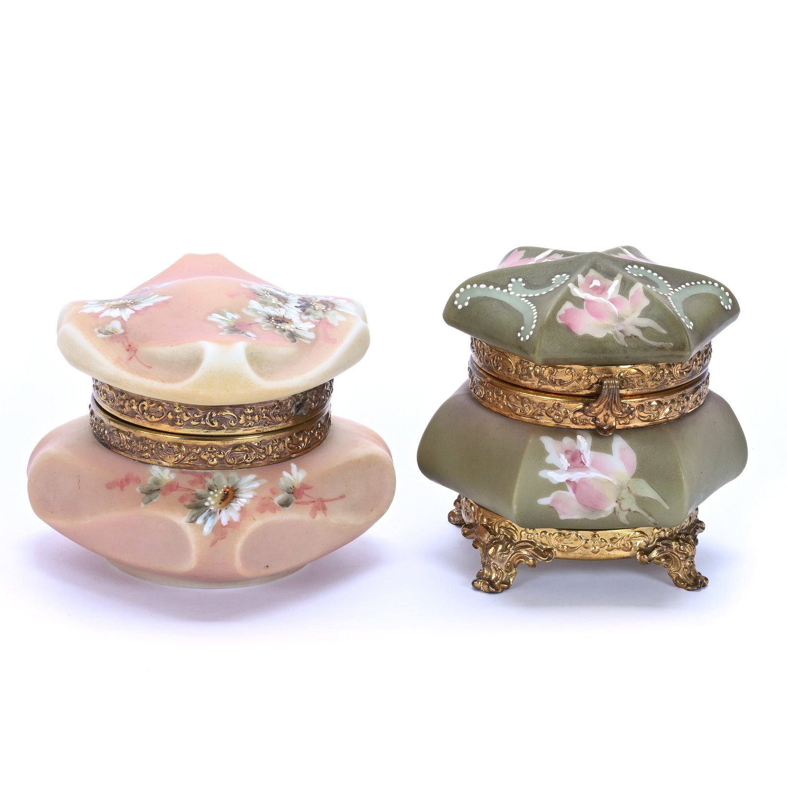 (2) Jewel Boxes Marked Nakara: (2) Jewel Boxes Marked Nakara, 3.75 x 4 x 4 Inches, (1) Six-Sided Green Tones With Rose Decor And (1) Pink And Yellow With Blue Floral Decor, Missing Clasp, 1.6 Pounds, Hazel Elaine Carlson Estate, Il