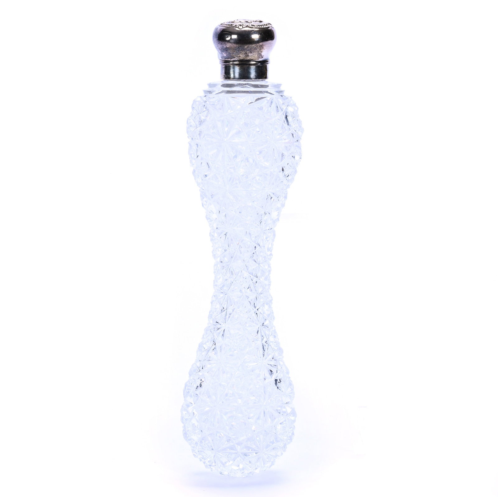 Corset Shaped Laydown Perfume Bottle, American Brilliant Cut Glass: Corset Shaped Laydown Perfume Bottle, American Brilliant Cut Glass, 8.25 x 2 x 1 Inches, Fully Cut Russian Pattern, Sterling Silver Cap With Original Glass Stopper, Pattern Roughness And Chips, 0.6 Po