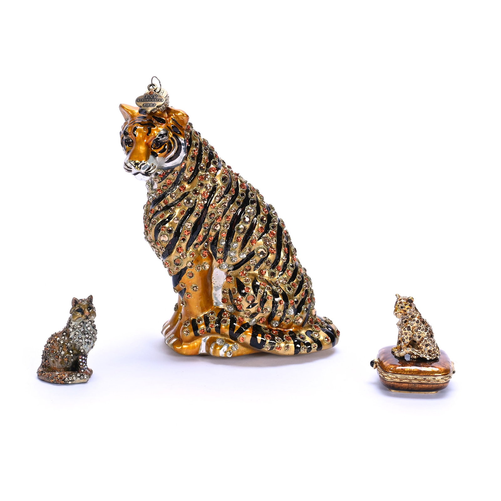 (3) Jay Strongwater Jeweled Items: (3) Jay Strongwater Jeweled Items, 7.25 x 8 x 8 Inches, Includes (1) Jeweled Tiger Ornament, (1) 2" Miniature Jeweled Leopard Box, And (1) 1.75" Jeweled Cat, All In Original Boxes, 2 Pounds, Hazel Ela
