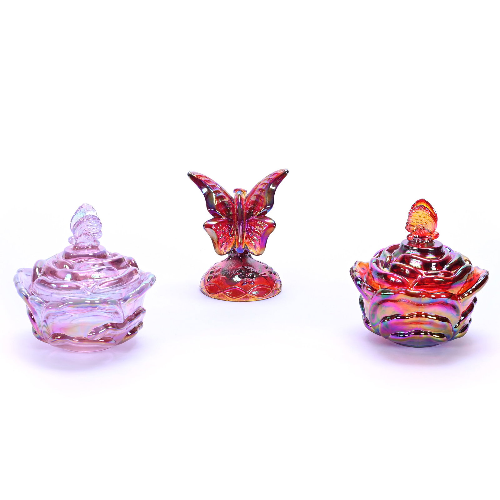 (2) Covered Boxes And (1) Figural Paperweight, Modern Fenton Art Glass: (2) Covered Boxes And (1) Figural Paperweight, Modern Fenton Art Glass, 5 x 5.25 x 5.25 Inches, (1) Box Is Cabbage With Butterfly Finial, Amberina, Lid Has Interior Rim Nicks, (1) Cabbage With Butterf