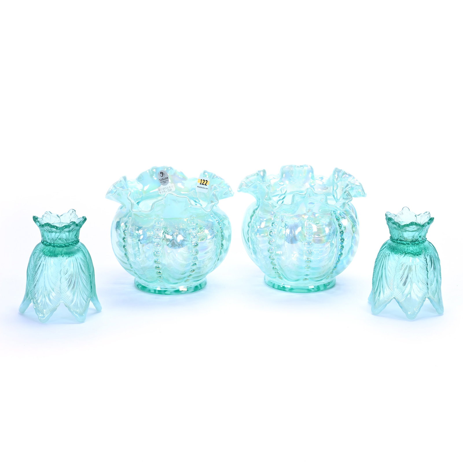 (2) Vases And (2) Candlestick Holders, Modern Fenton Art Glass: (2) Vases And (2) Candlestick Holders, Modern Fenton Art Glass, 4.75 x 6 x 6 Inches, Teal Opalescent, (2) Beaded Drape Vases And (2) Leaf Mold Candlestick Holders, 3.6 Pounds, Hazel Elaine Carlson Est