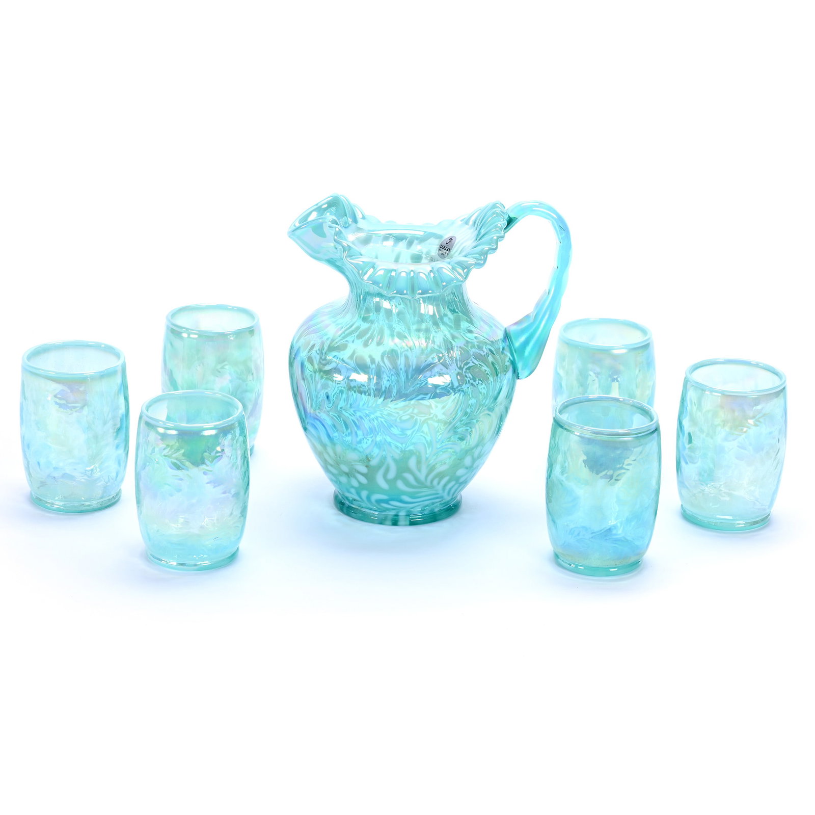 Water Set, Modern Fenton Art Glass, Daisy And Fern Pattern: Water Set, Modern Fenton Art Glass, Daisy And Fern Pattern, 8.5 x 7.25 x 6 Inches, Teal Opalescent, Sells With (6) 4" Tumblers, 7.1 Pounds, Hazel Elaine Carlson Estate, Illinois. Effective 6/6/26, All