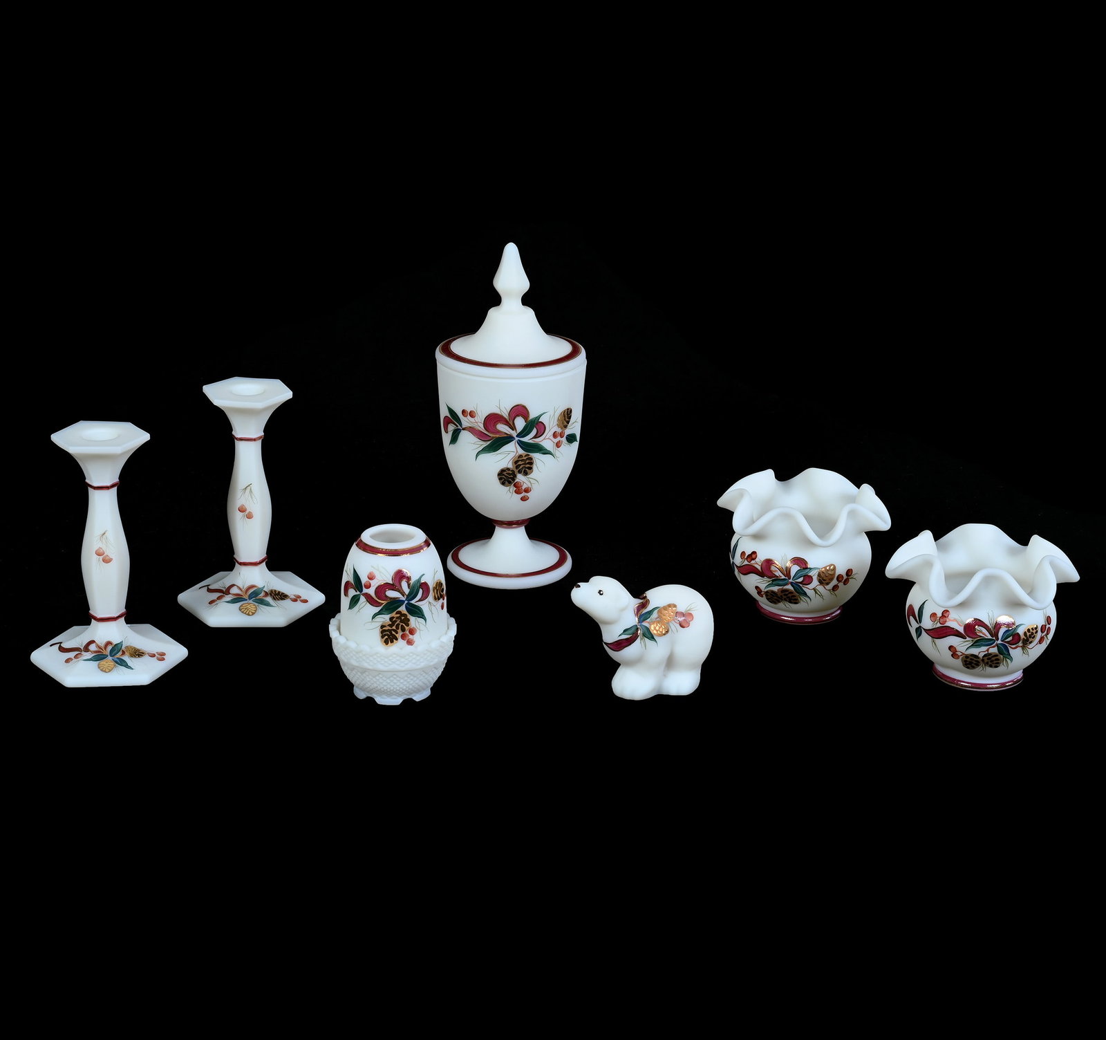 (7) Items, Fenton Art Glass, Custard: (7) Items, Fenton Art Glass, Custard, 9.5 x 4.25 x 4.25 Inches, Hand Painted Christmas Pine Cone Decor, Set Includes (1) Covered Candy Jar, (2) 6" Candlestick Holders, (2) 3.5" Vase, (1) 4.25" Fairy L