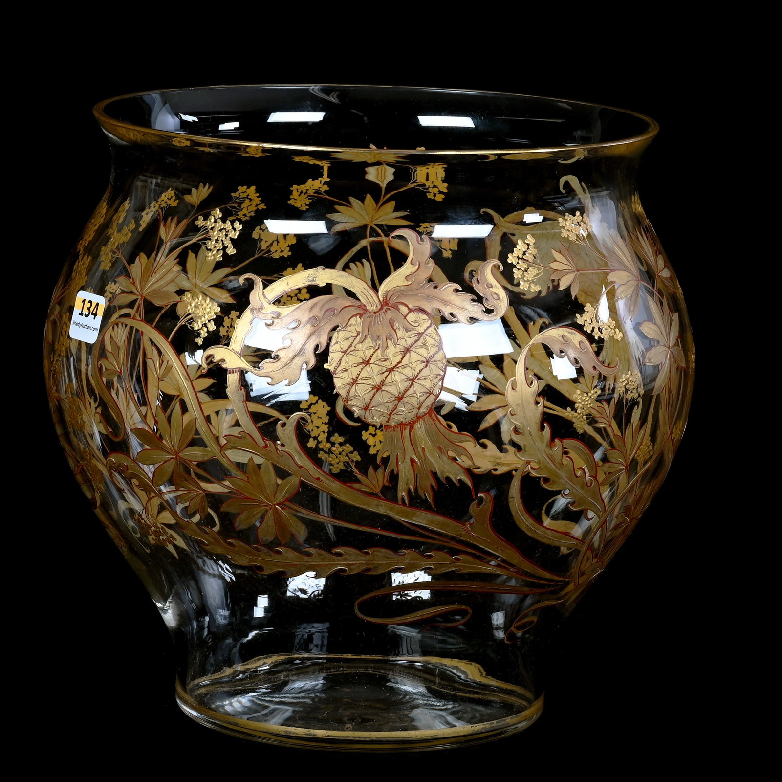 Punch Bowl, Clear Bohemian Art Glass: Punch Bowl, Clear Bohemian Art Glass, 9 x 9 x 9 Inches, Enamel Thistle And Floral Decor, 3.6 Pounds, Hazel Elaine Carlson Estate, Illinois. Effective 6/6/26, All LiveAuctioneers Invoices Must Be Paid 