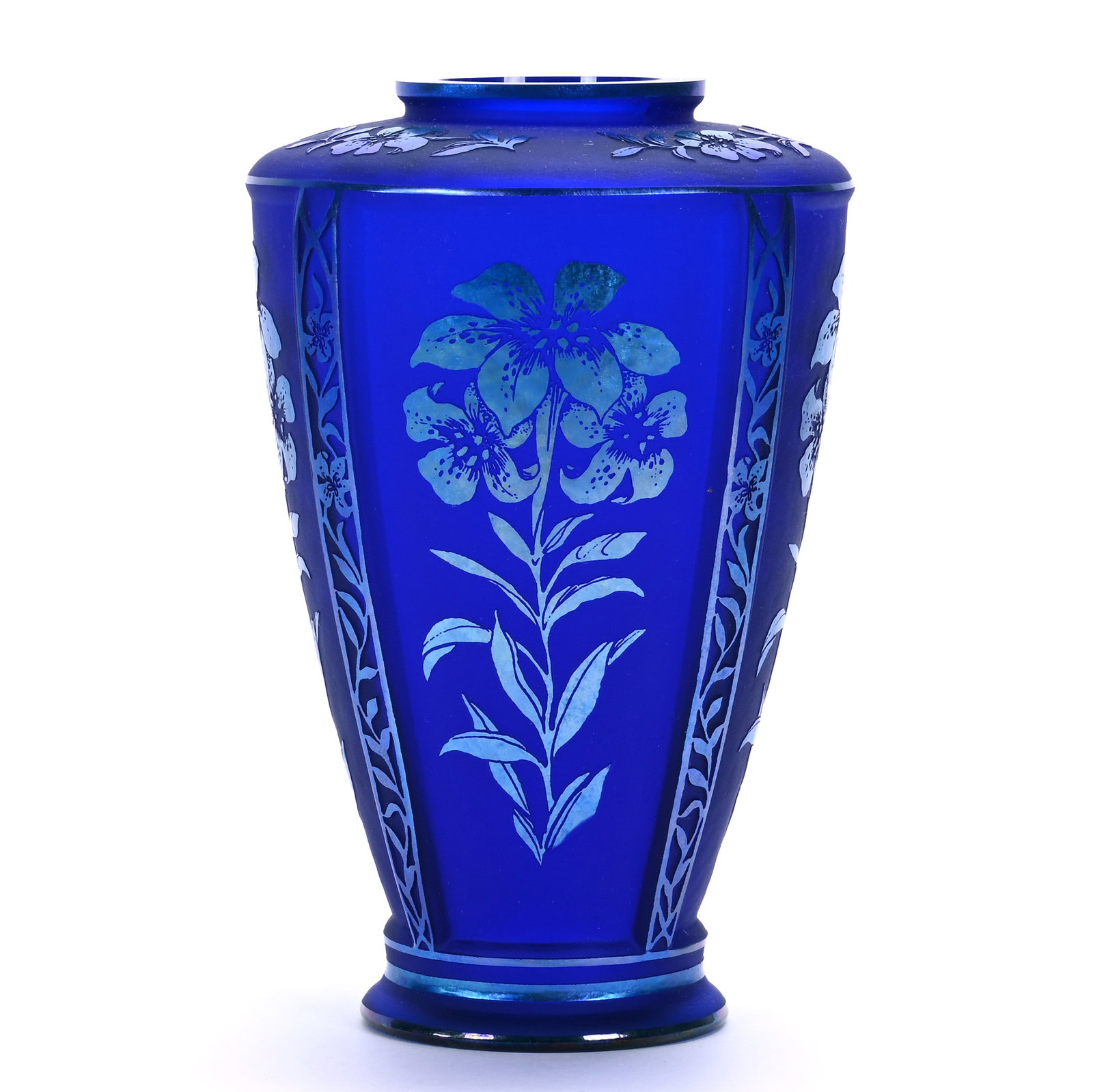 Vase, Fenton Art Glass Limited Edition: Vase, Fenton Art Glass Limited Edition, 7 x 4.75 x 4.75 Inches, Cobalt Blue With Cut Back Floral Design, Designed By Martha Reynolds, #574 Of 1250, Sells With Original Box, 2.1 Pounds, Hazel Elaine Ca