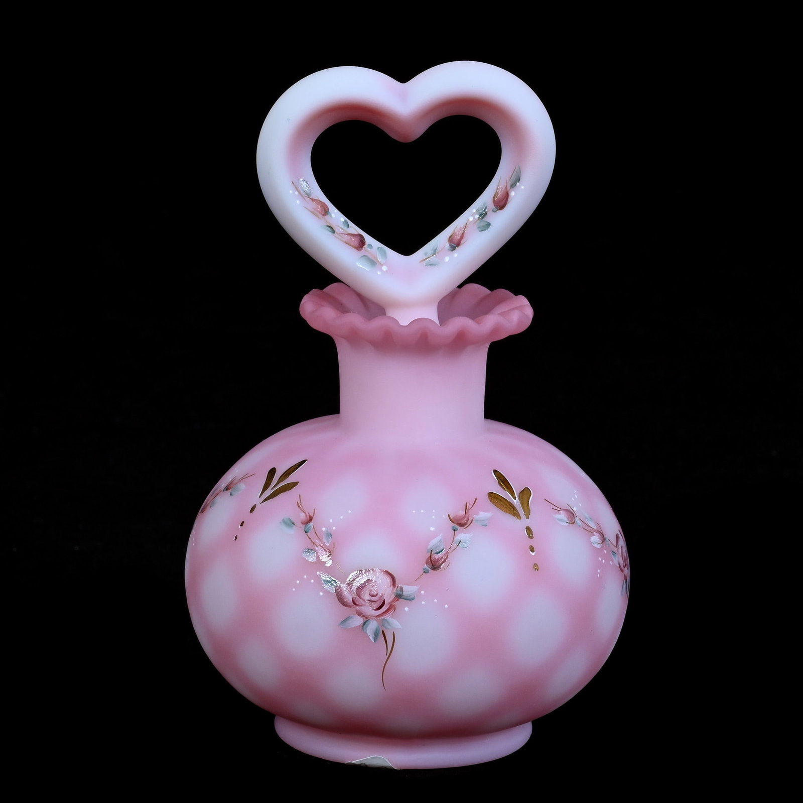 Perfume Bottle, Fenton Art Glass Limited Edition: Perfume Bottle, Fenton Art Glass Limited Edition, 5 x 3.5 x 3.5 Inches, Rosaline, Rose Trellis Perfume, Hand Painted Floral Decor, Heart Shaped Stopper #552 Of 1250, Sells With Original Box, 0.7 Pound