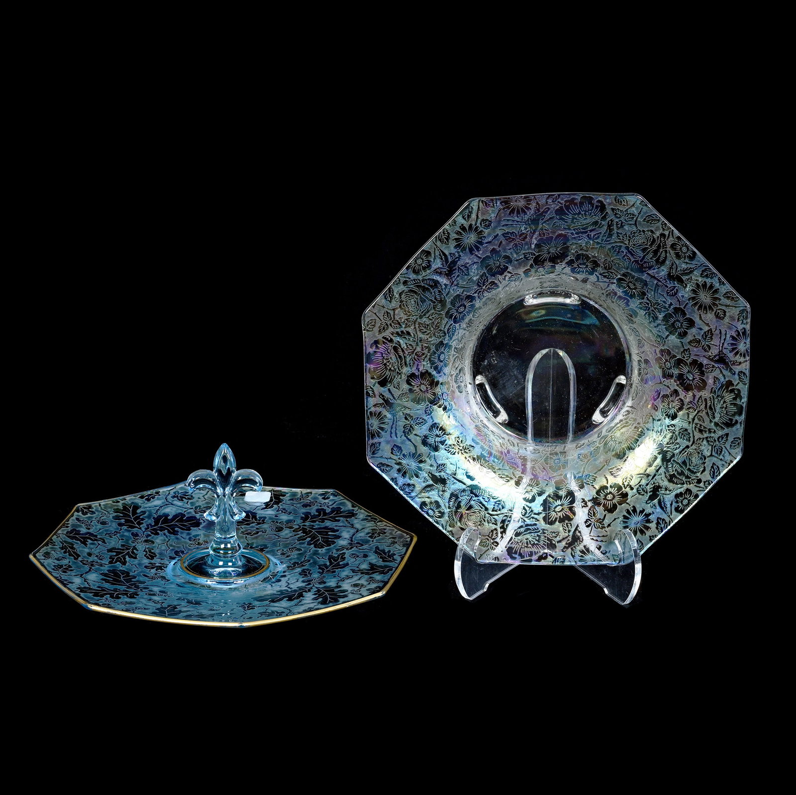 Sandwich Tray And Bowl, Fostoria Brocaded Carnival Glass (1 of 2)