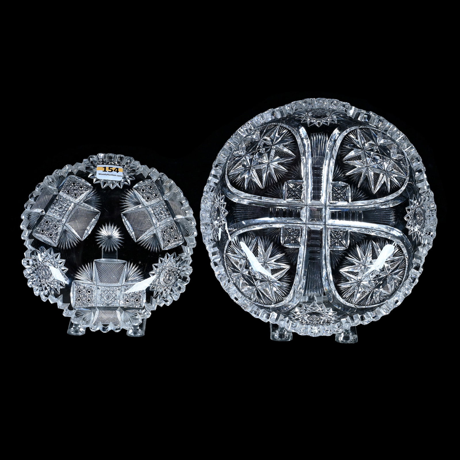 (2) Bowls, American Brilliant Cut Glass: (2) Bowls, American Brilliant Cut Glass, 8 x 8 x 2 Inches, (1) Four Sections Of Hobstar, Vesica, Flashed Hobstar, And Fan Motif And (1) 6" Diameter, Three Sections Of Hobstar, German Cross Design Feat