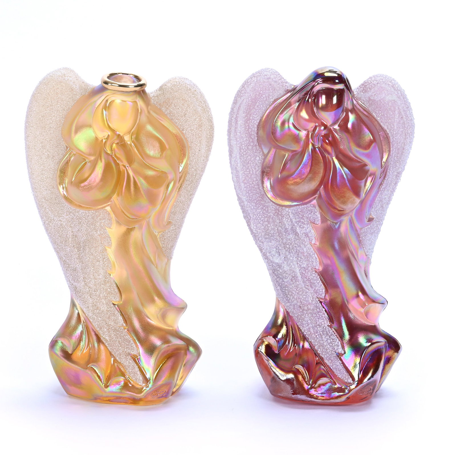 Pair Figurines, Fenton Art Glass: Pair Figurines, Fenton Art Glass, 7 x 4 x 3 Inches, Angels With White Coralene Wings, (1) Golden Satin And (1) Pink Satin, 4.1 Pounds, Hazel Elaine Carlson Estate, Illinois. Effective 6/6/26, All Live