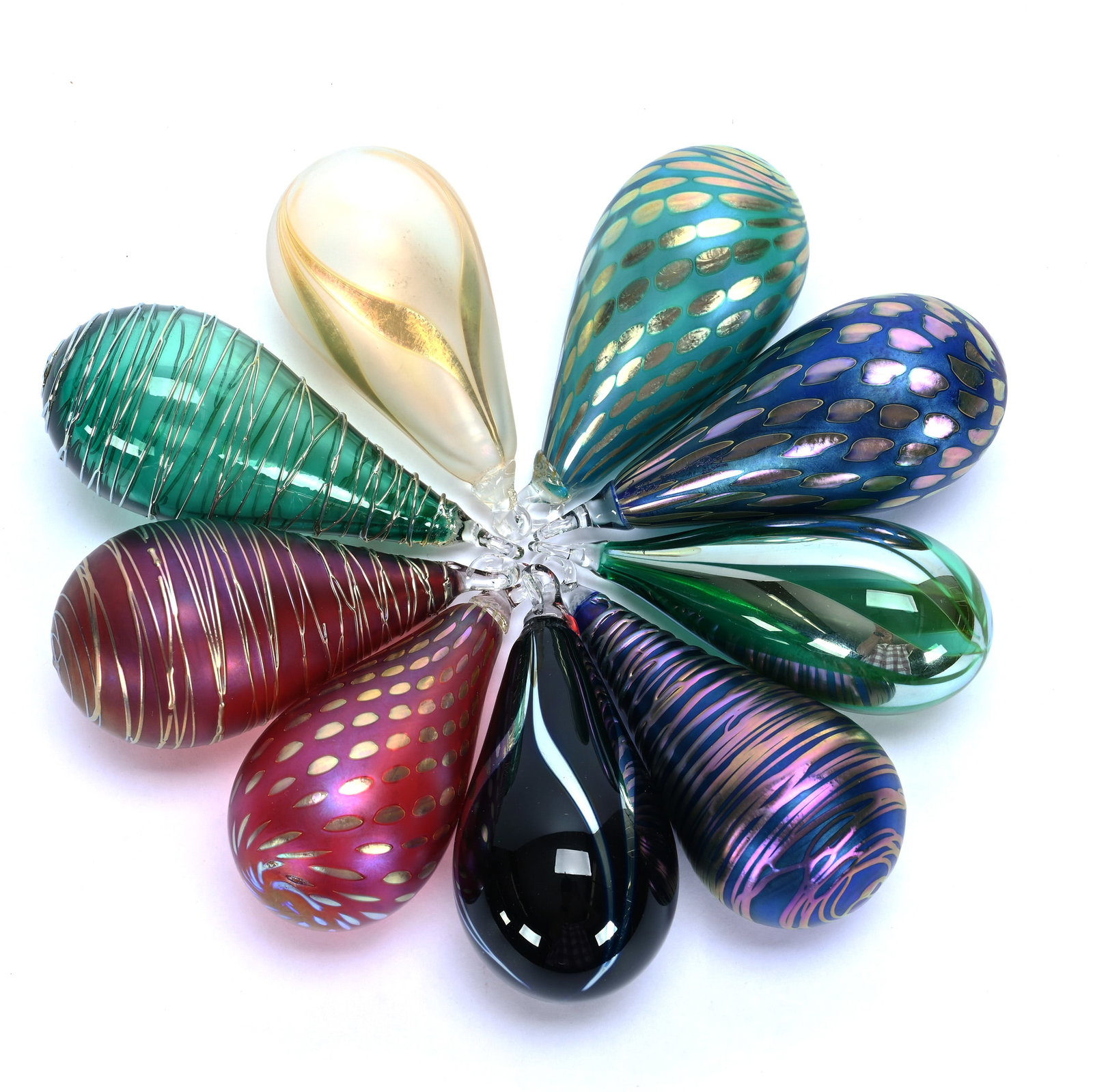 (9) Teardrop Shaped Christmas Tree Ornaments, Attributed To Steven Correia, Circa 1980s: (9) Teardrop Shaped Christmas Tree Ornaments, Attributed To Steven Correia, Circa 1980s, 4 x 1.75 x 1.75 Inches, Beautiful Selection Of Iridescent Colors And Designs, See Photos For Details, 1 Pound, 