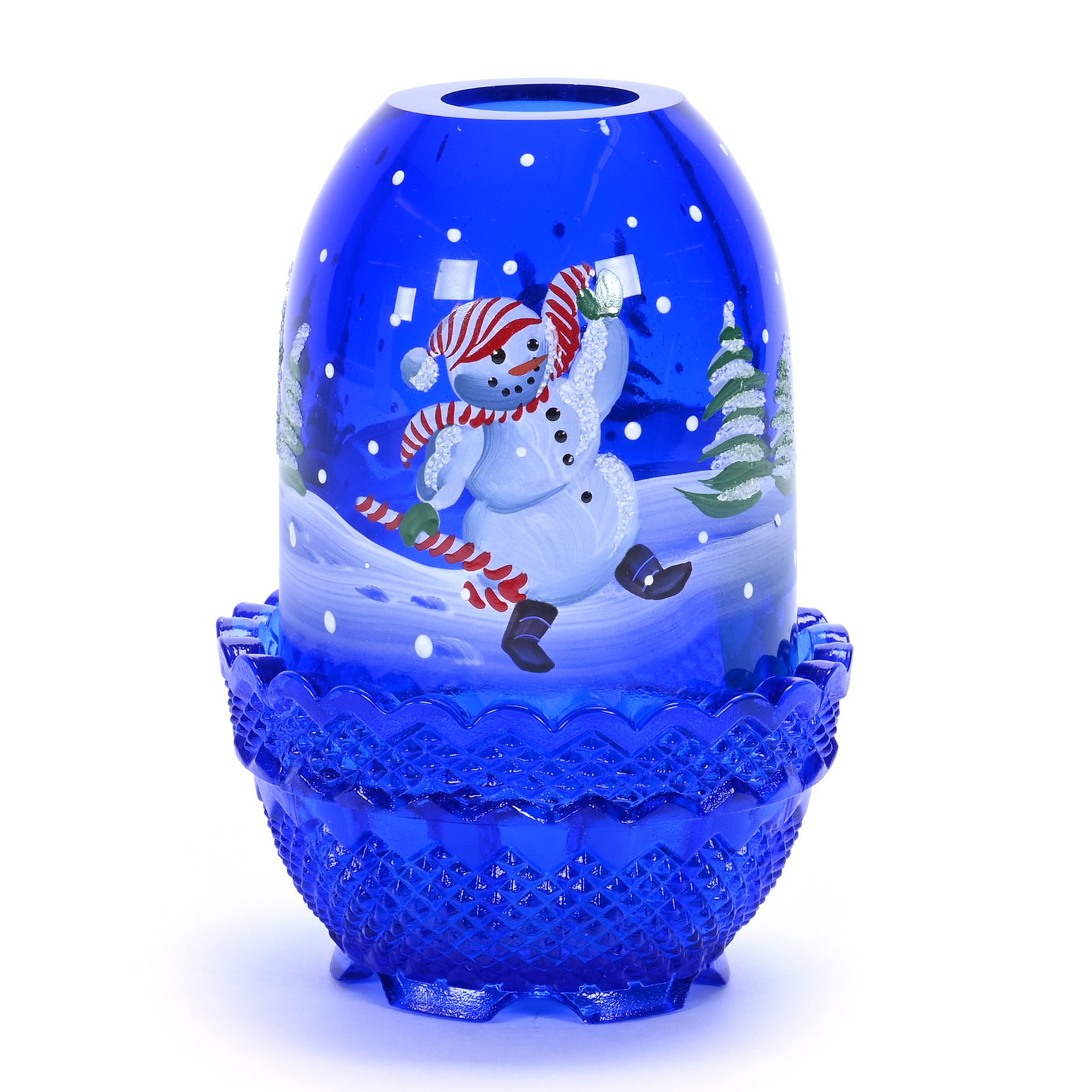 Fairy Lamp, Fenton Art Glass: Fairy Lamp, Fenton Art Glass, 4.5 x 3.25 x 3.25 Inches, Cobalt Blue With Hand Painted Snowman Decor, Artist Signed, Circa 1999, Sells With Original Box, 0.9 Pounds, Hazel Elaine Carlson Estate, Illino