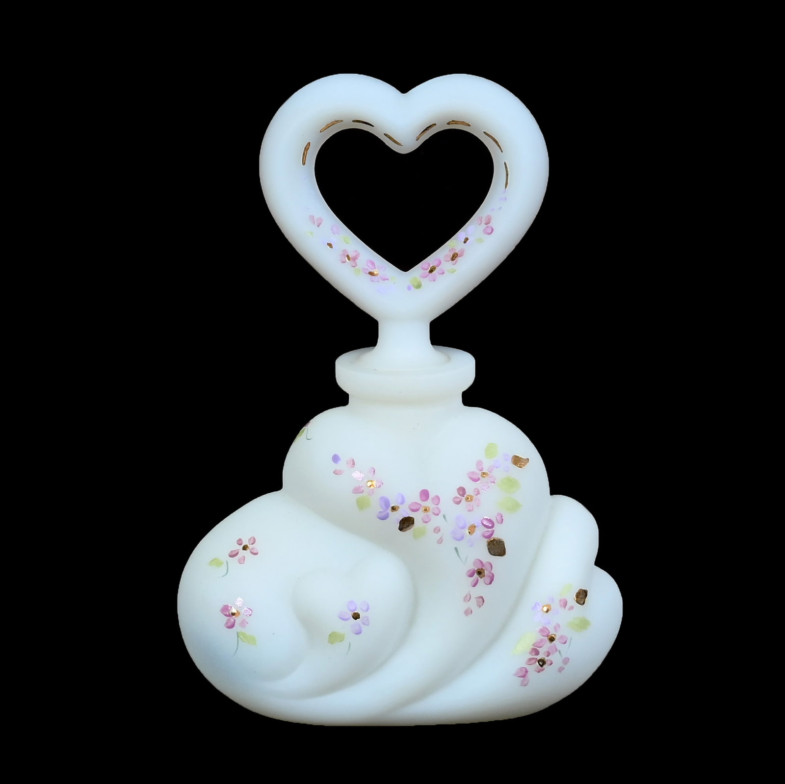 Perfume Bottle, Fenton Custard Art Glass: Perfume Bottle, Fenton Custard Art Glass, 5 x 3.5 x 1.75 Inches, Hand Painted Floral Decor, Heart Shaped Stopper, Limited Edition #414 Of 2500, Sells With Original Box, 0.6 Pounds, Hazel Elaine Carlso