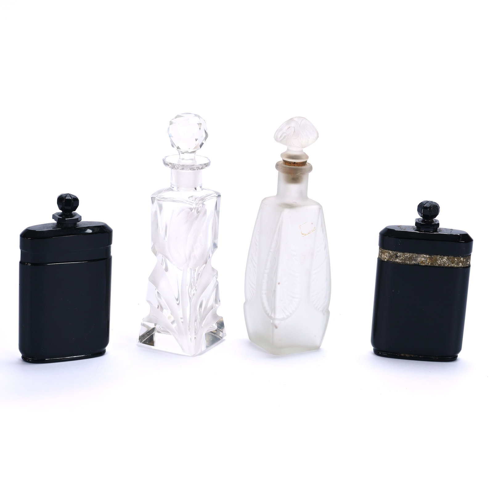 (4) Perfume Bottles: (4) Perfume Bottles, 6.25 x 2 x 2 Inches, (1) Clear With Intaglio Tulip Decor, (1) Frosted With Embossed Leaf Decor, And (2) 4.5" Oval Black Amethyst, Vintage Caron Nuit De Noel, 1.4 Pounds, Hazel Ela