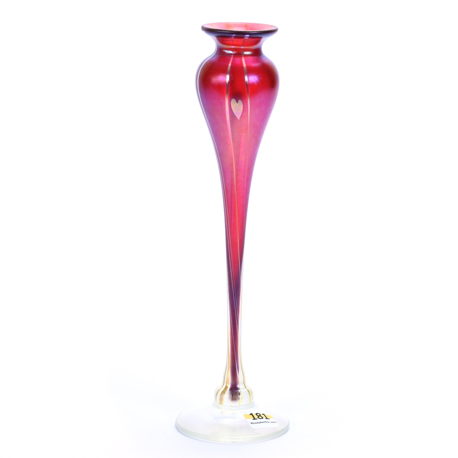 Bud Vase, Contemporary Art Glass, Signed Correia: Bud Vase, Contemporary Art Glass, Signed Correia, 10.5 x 3 x 3 Inches, Cranberry With Gold Heart And Vine Decor, Dated 1985, 0.6 Pounds, Hazel Elaine Carlson Estate, Illinois. Effective 6/6/26, All