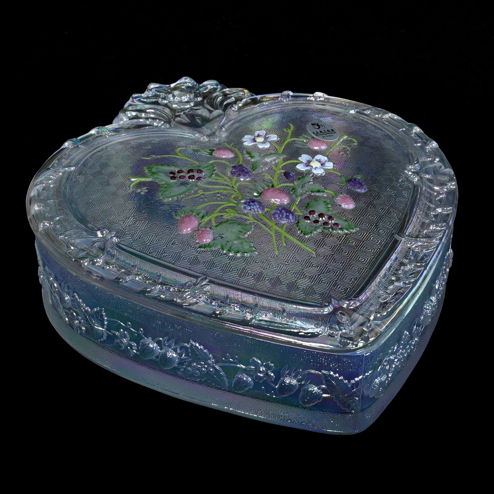 Covered Heart Shaped Box, Fenton Art Glass: Covered Heart Shaped Box, Fenton Art Glass, 8.5 x 7.5 x 2.5 Inches, Clear Iridescent With Colored Fruit And Floral Highlights, 2.8 Pounds, Hazel Elaine Carlson Estate, Illinois. Effective 6/6/26, All