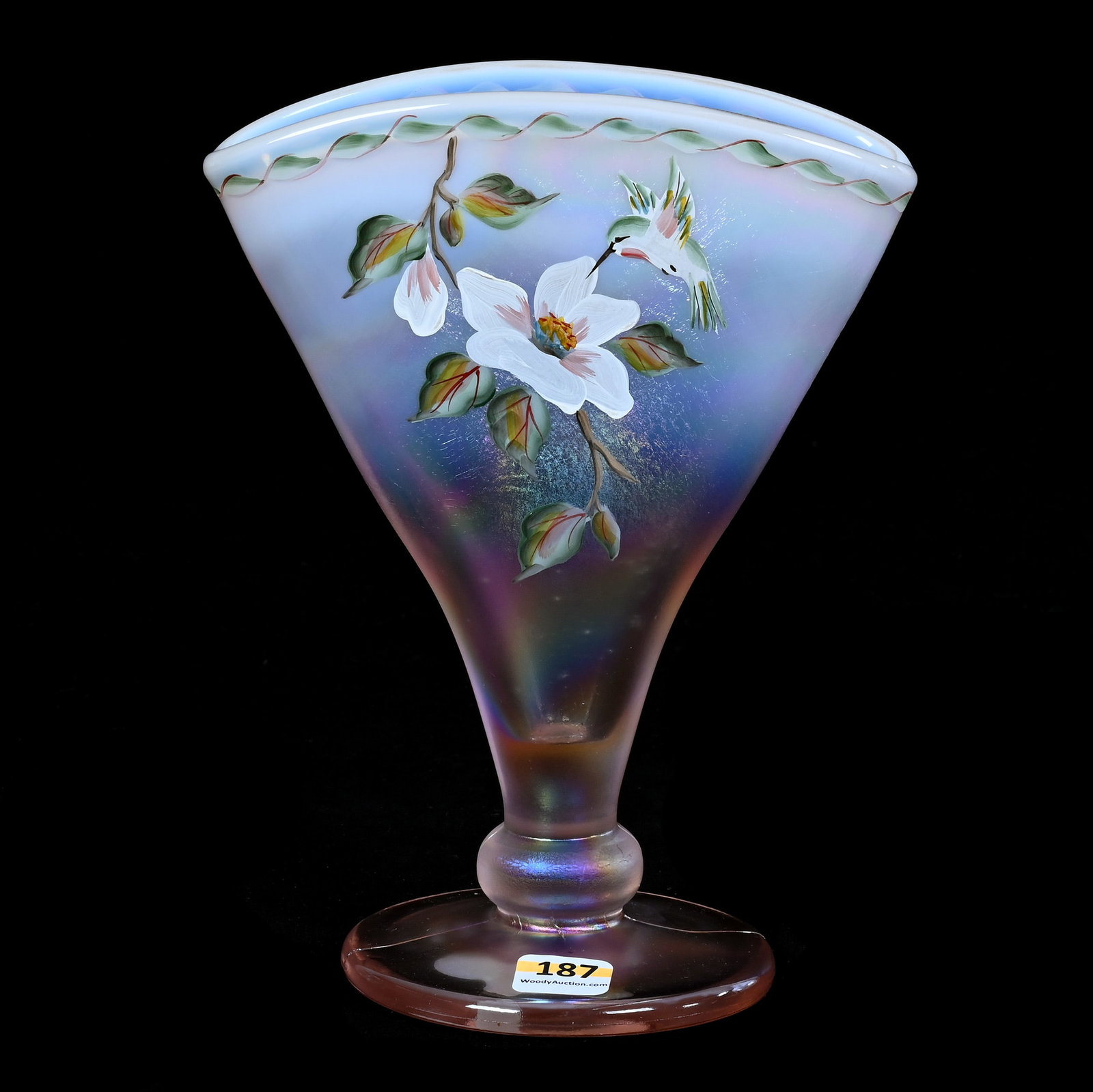 Fan Vase, Fenton Art Glass: Fan Vase, Fenton Art Glass, 8.5 x 6.5 x 4 Inches, Pink Opalescent With Hand Painted Hummingbird And Floral Decor, Circa 1996, 2.1 Pounds, Hazel Elaine Carlson Estate, Illinois. Effective 6/6/26, All