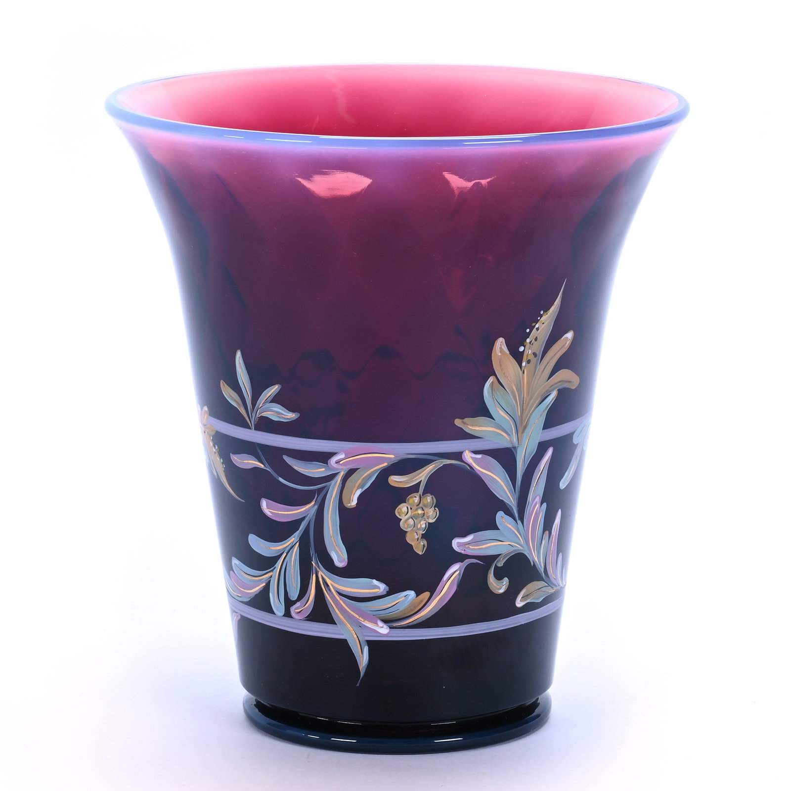 Flared Vase, Fenton Art Glass Limited Edition: Flared Vase, Fenton Art Glass Limited Edition, 8 x 7.25 x 7.25 Inches, Plum Opalescent, Hand Painted Decor, Connoisseur Collection, Circa 1994, #462 Of 750, Sells With Original Box, 4.6 Pounds, Hazel