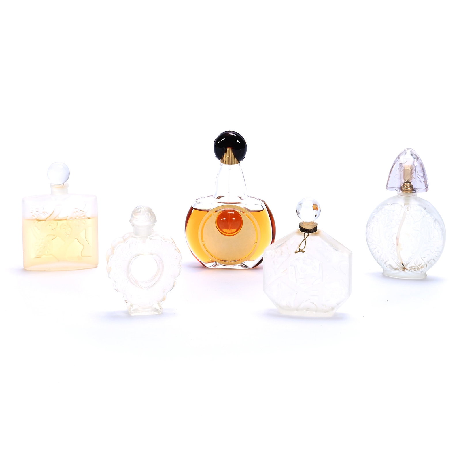 (5) French Perfume Bottles: (5) French Perfume Bottles, 5.5 x 3.5 x 1.25 Inches, (1) Guerlain, (1) 5" Histoire D'amour By Aubusson, (1) Ombre Rose By Brosseau, (1) Ombre Bleue, And (1) Marked Lalique, Coeur Joie For Nina Ricci, 