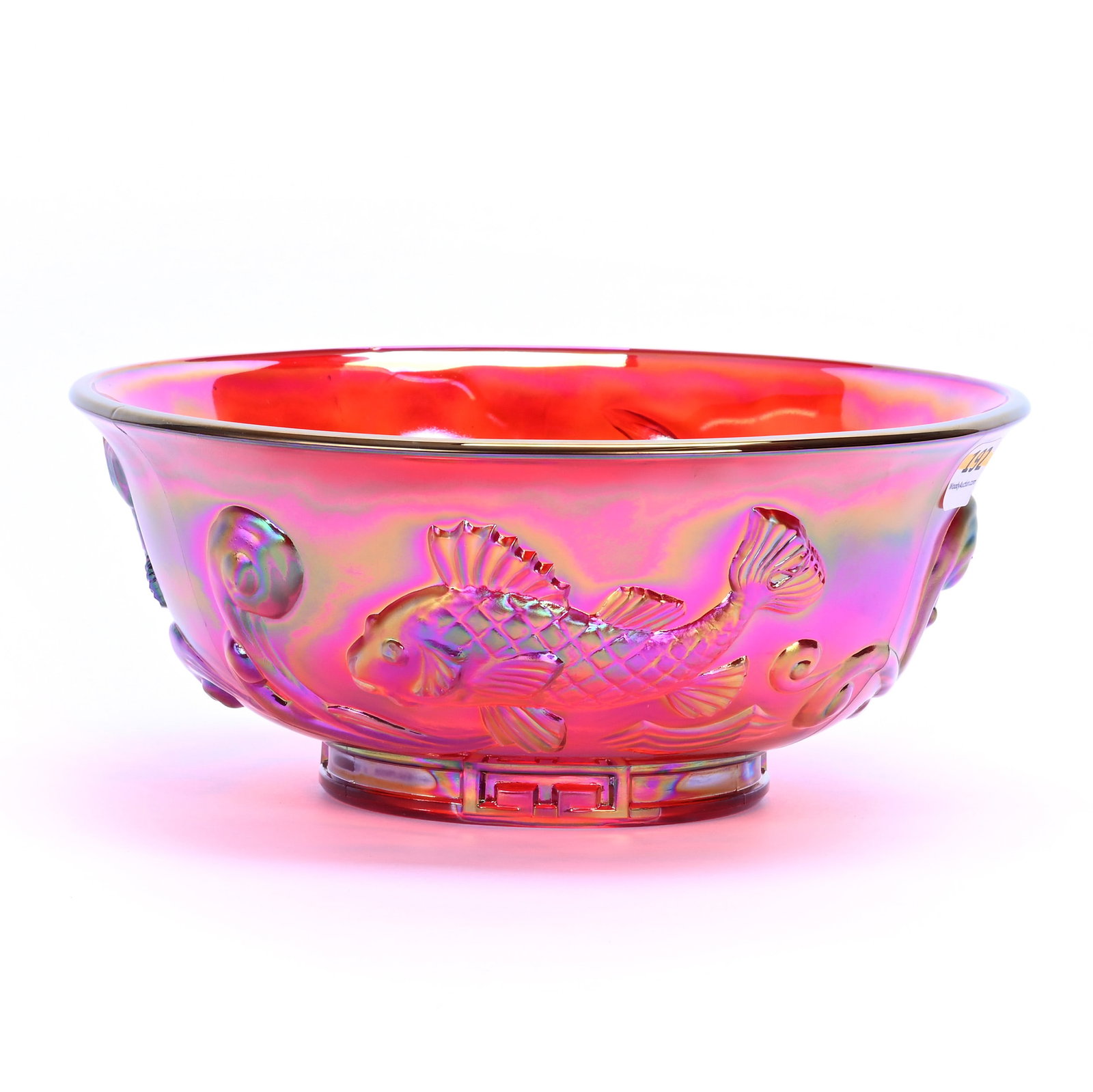 Bowl, Fenton Iridized Red Art Glass: Bowl, Fenton Iridized Red Art Glass, 8.5 x 8.5 x 3.5 Inches, Atlantis Koi Pattern, 2.2 Pounds, Hazel Elaine Carlson Estate, Illinois. Effective 6/6/26, All LiveAuctioneers Invoices Must Be Paid Using