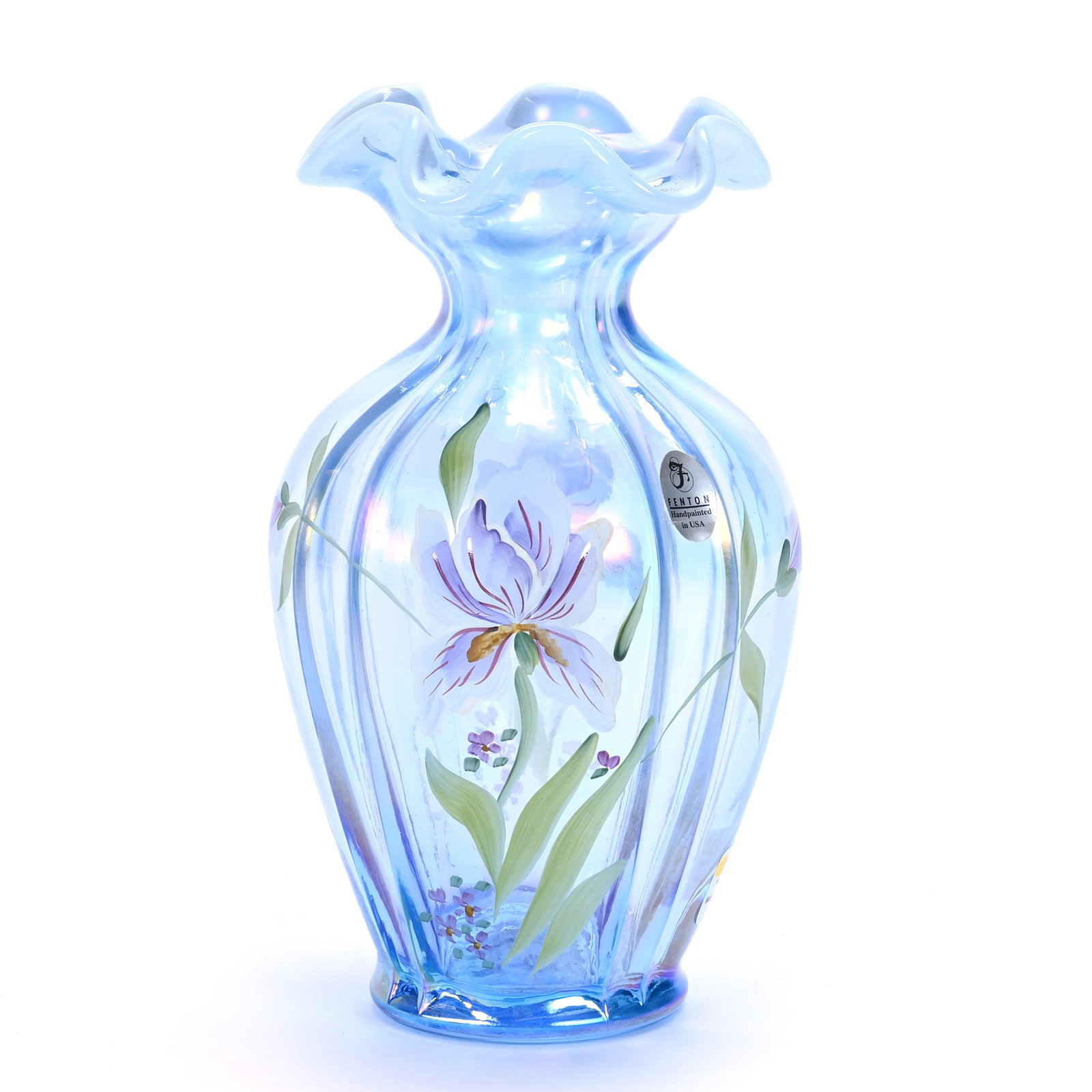 Vase, Fenton Art Glass: Vase, Fenton Art Glass, 7.25 x 4.25 x 4.25 Inches, Blue Opalescent With Hand Painted Floral Decor, Artist Signed, 1.5 Pounds, Hazel Elaine Carlson Estate, Illinois. Effective 6/6/26, All