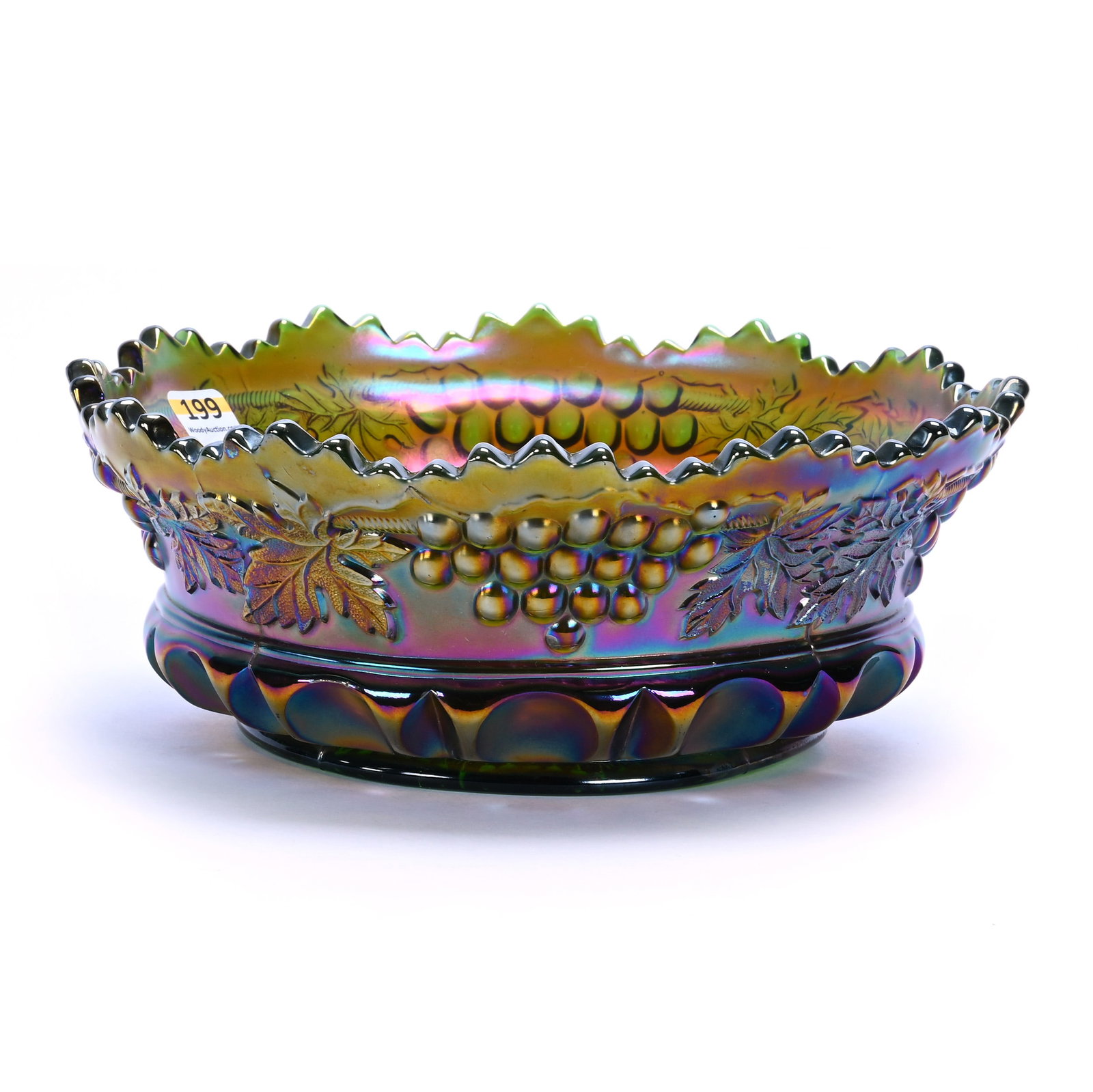 Bowl, Green Carnival Glass: Bowl, Green Carnival Glass, 9.25 x 9.25 x 3.5 Inches, Grape And Cable Pattern By Northwood, 2.8 Pounds, Hazel Elaine Carlson Estate, Illinois. Effective 6/6/26, All LiveAuctioneers Invoices Must Be Pa
