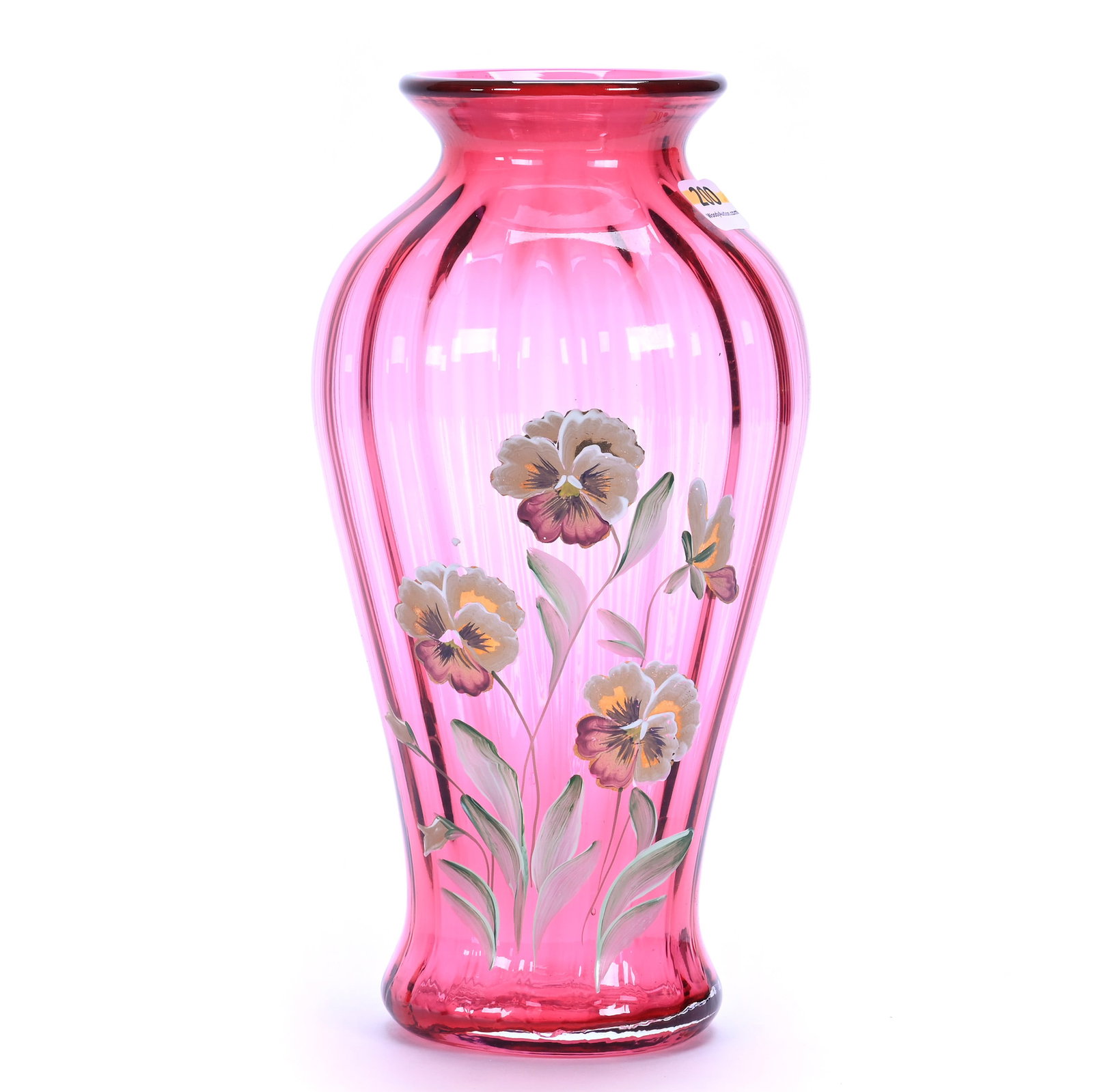 Vase, Fenton Art Glass: Vase, Fenton Art Glass, 9.5 x 5 x 5 Inches, Cranberry Optic Rib With Enamel Pansy Decor, Artist Signed, 1.9 Pounds, Hazel Elaine Carlson Estate, Illinois. Effective 6/6/26, All LiveAuctioneers Invoice