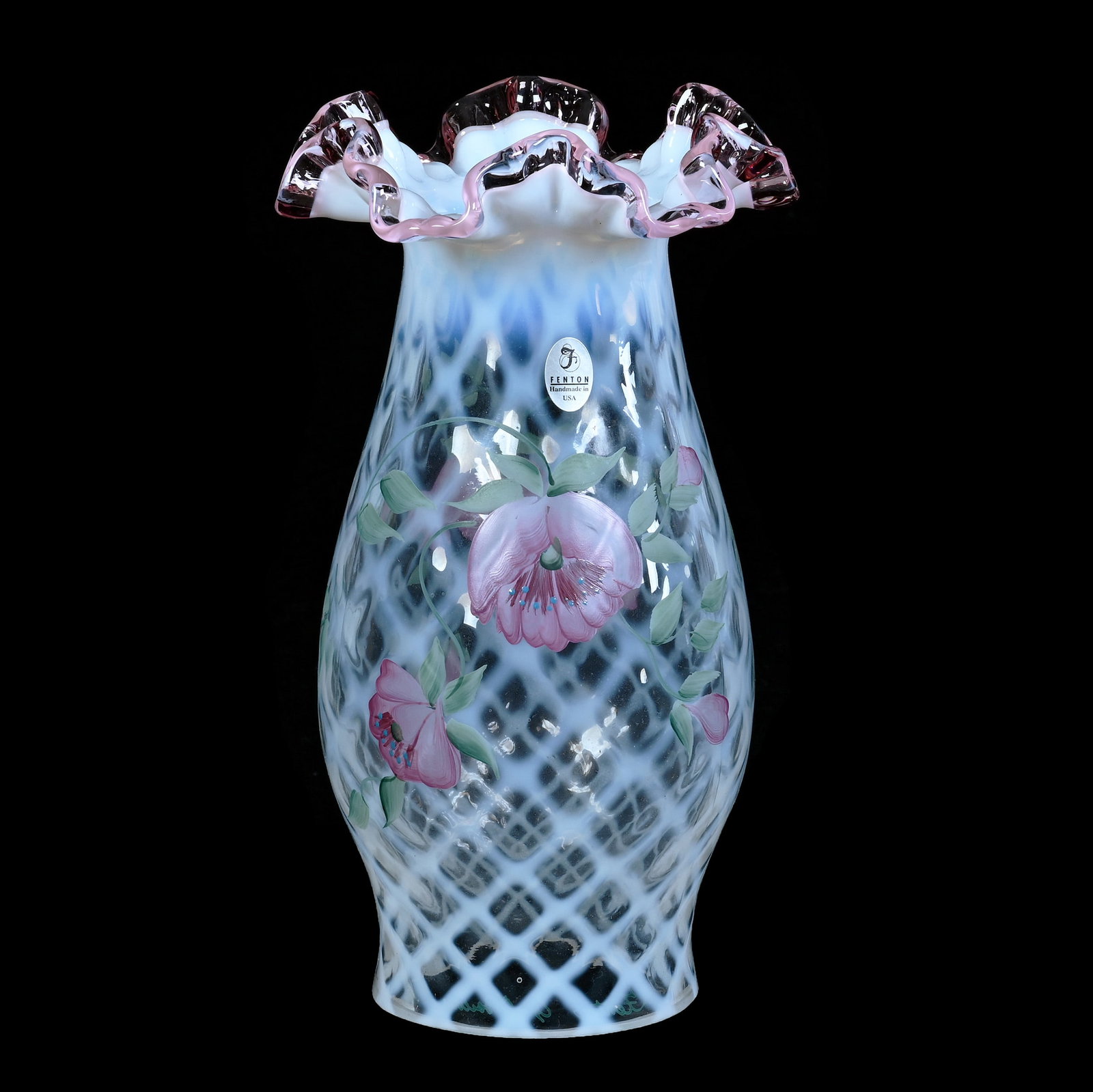 Chimney Shaped Lamp, Fenton Art Glass: Chimney Shaped Lamp, Fenton Art Glass, 9.5 x 4.5 x 4.5 Inches, Clear Opalescent Diamond Quilted With Applied Pink Ruffled Rim, Artist Signed, Sells With Original Box, 2.2 Pounds, Hazel Elaine Carlson 