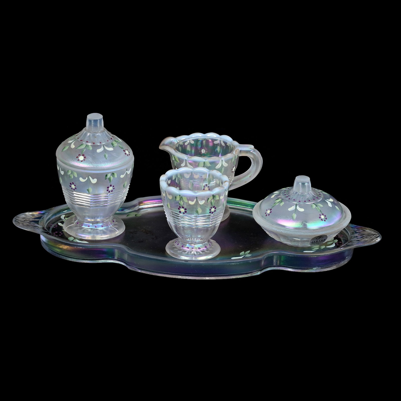 (5) Piece Table Set, Fenton Art Glass Limited Edition: (5) Piece Table Set, Fenton Art Glass Limited Edition, 10.25 x 4 x 4.5 Inches, Clear Iridescent And White Opal With Hand Painted Floral Decor, Set Includes Tray, Small Butter Dish, Creamer, Sugar, And