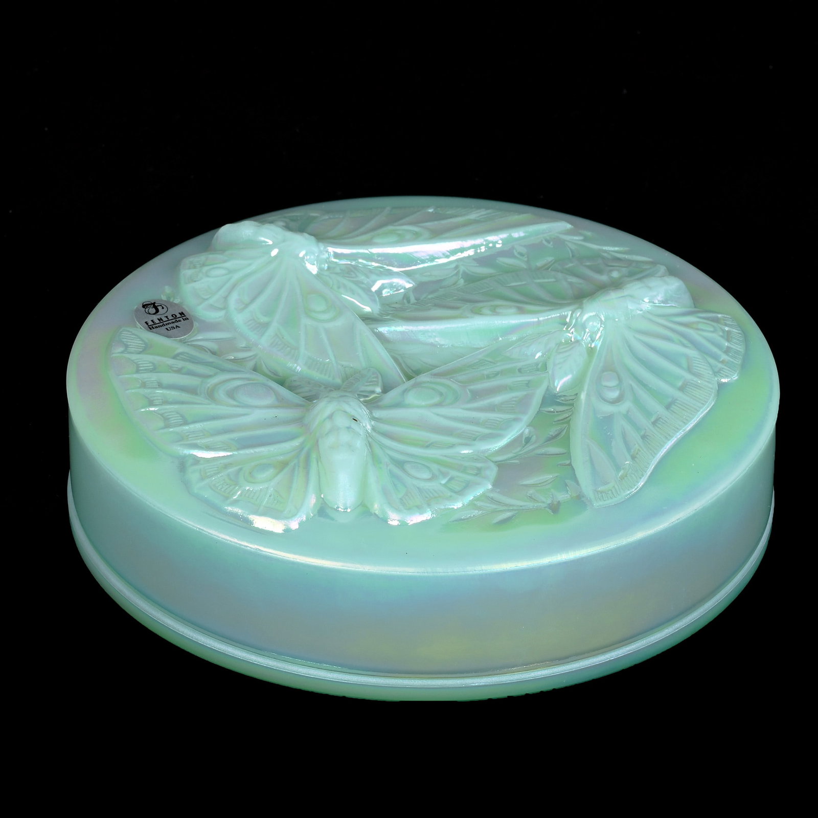 Bon Bon With Cover, Fenton Art Glass: Bon Bon With Cover, Fenton Art Glass, 6.75 x 6.75 x 2 Inches, Sea Green, Verlys Mold, Butterfly Design, Sells With Original Box, 3 Pounds, Hazel Elaine Carlson Estate, Illinois. Effective 6/6/26, All 