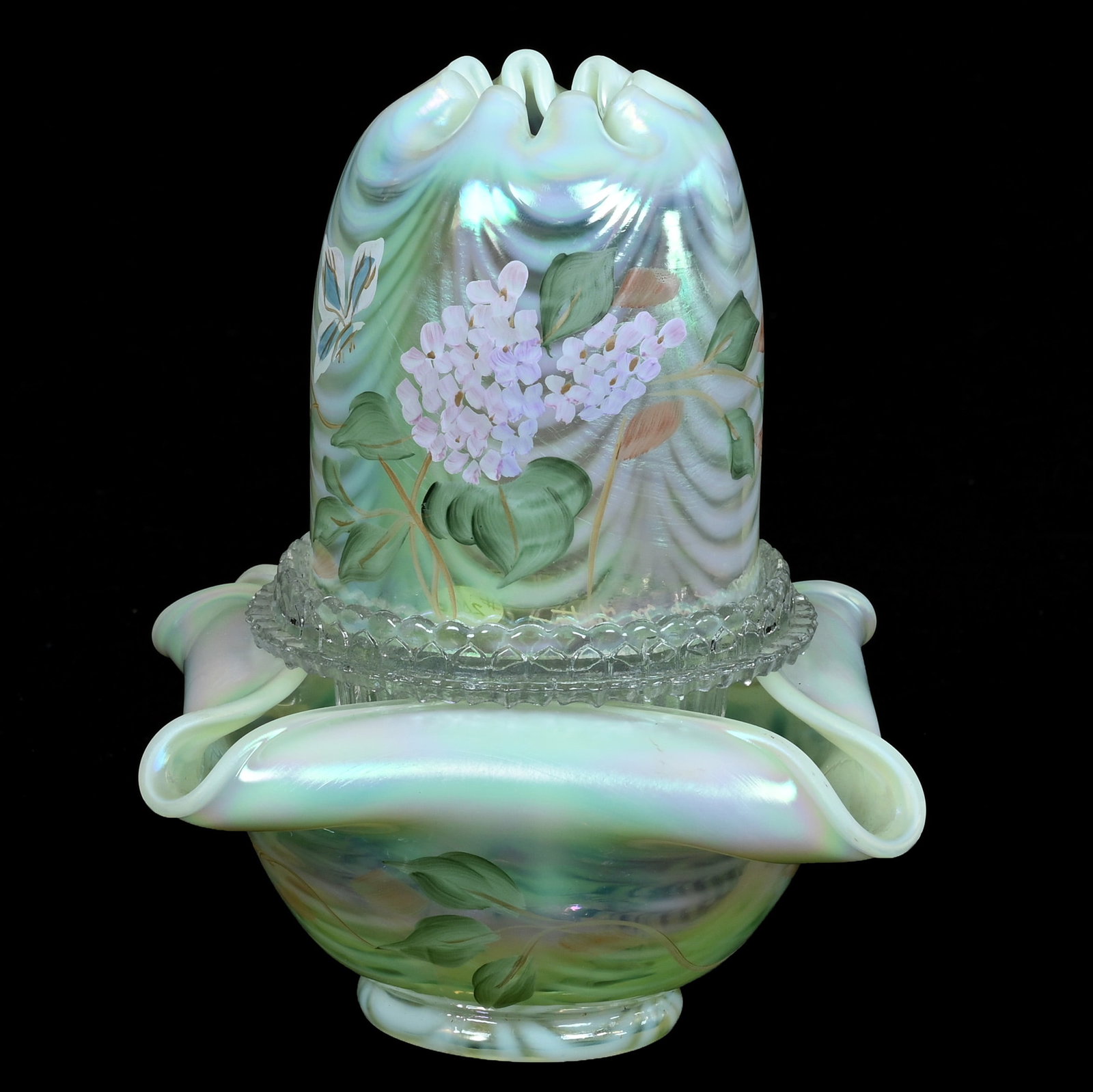 (3) Piece Fairy Lamp, Fenton Art Glass: (3) Piece Fairy Lamp, Fenton Art Glass, 7 x 5.25 x 5.25 Inches, Topaz Opalescent With Hand Painted Floral Decor, Artist Signed, Sells With Original Box, Highly Reactive Under Blacklight, 1.7 Pounds, H