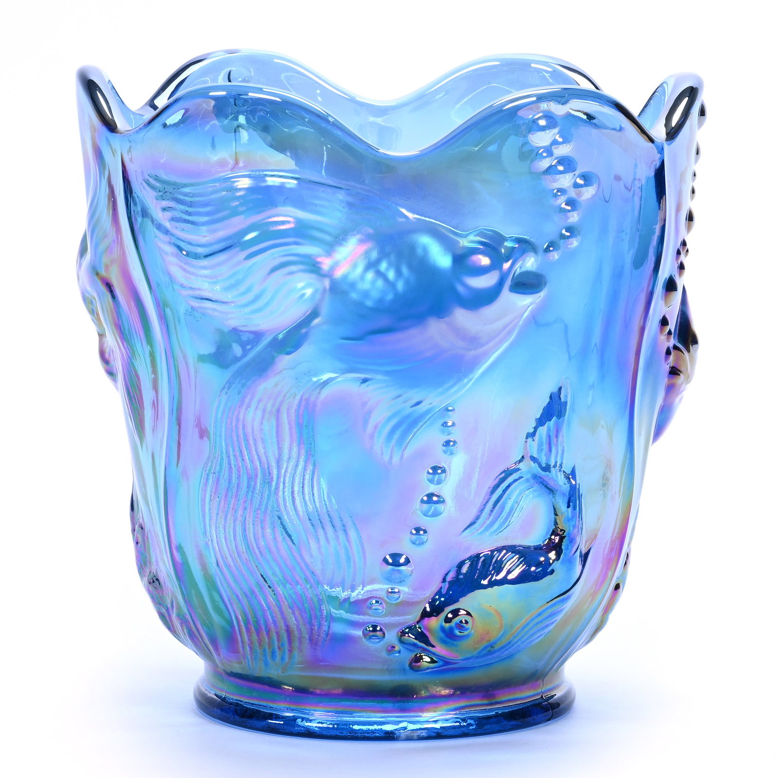 Vase, Fenton Art Glass: Vase, Fenton Art Glass, 6.5 x 6.25 x 6.25 Inches, Iridescent Blue, Atlantis Pattern, 3.4 Pounds, Hazel Elaine Carlson Estate, Illinois. Effective 6/6/26, All LiveAuctioneers Invoices Must Be Paid Usin
