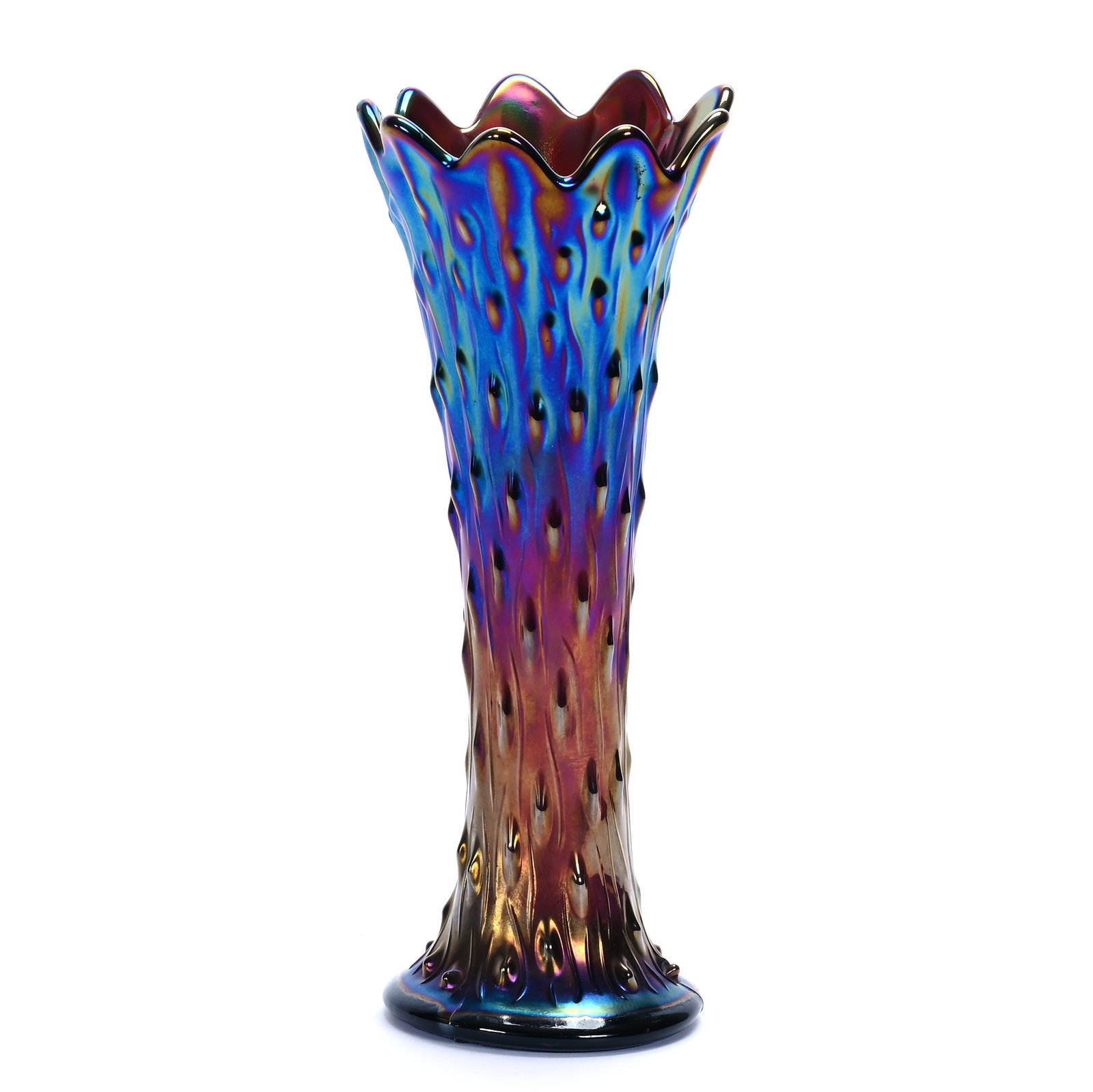 Vase, Carnival Glass, Tree Trunk Pattern By Northwood: Vase, Carnival Glass, Tree Trunk Pattern By Northwood, 10 x 4 x 4 Inches, Amethyst, 3.5" Base Diameter, 1.2 Pounds, Hazel Elaine Carlson Estate, Illinois. Effective 6/6/26, All LiveAuctioneers Invoice