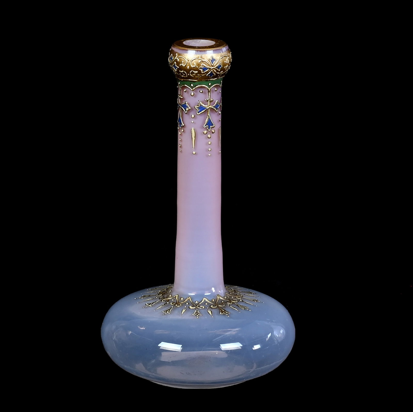 Vase, Pink Opalescent Art Glass Signed Moser, #1022: Vase, Pink Opalescent Art Glass Signed Moser, #1022, 4.5 x 2.5 x 2.5 Inches, Enamel Highlights, 0.1 Pounds, Hazel Elaine Carlson Estate, Illinois. Effective 6/6/26, All LiveAuctioneers Invoices Must B