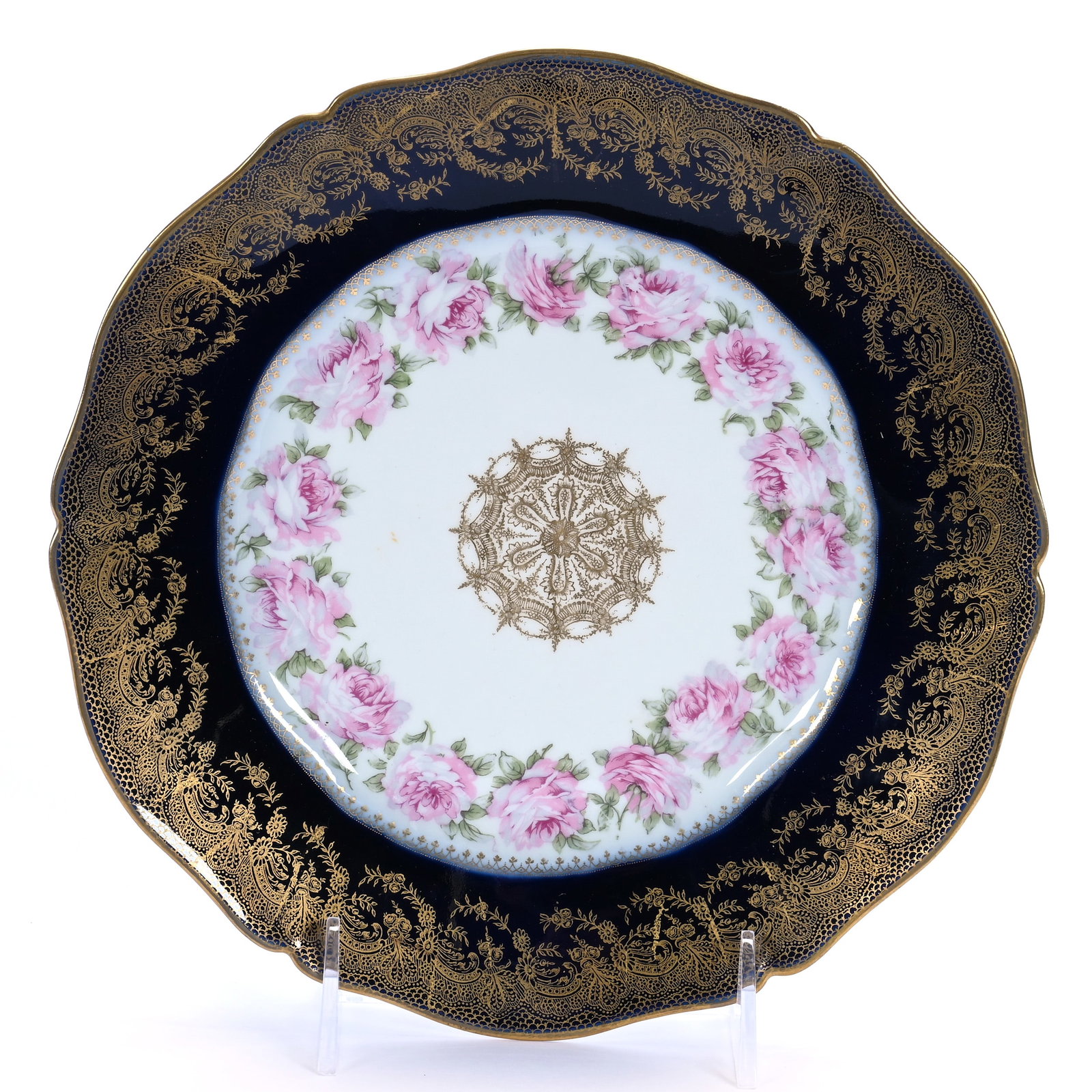 Plate, Marked Theodore Haviland Limoges: Plate, Marked Theodore Haviland Limoges, 9 x 9 x 1 Inches, White With Dark Cobalt Blue Border And Pink Rose Decor, Heavy Gold Stencil Highlights, 0.7 Pounds, Hazel Elaine Carlson Estate, Illinois. Eff