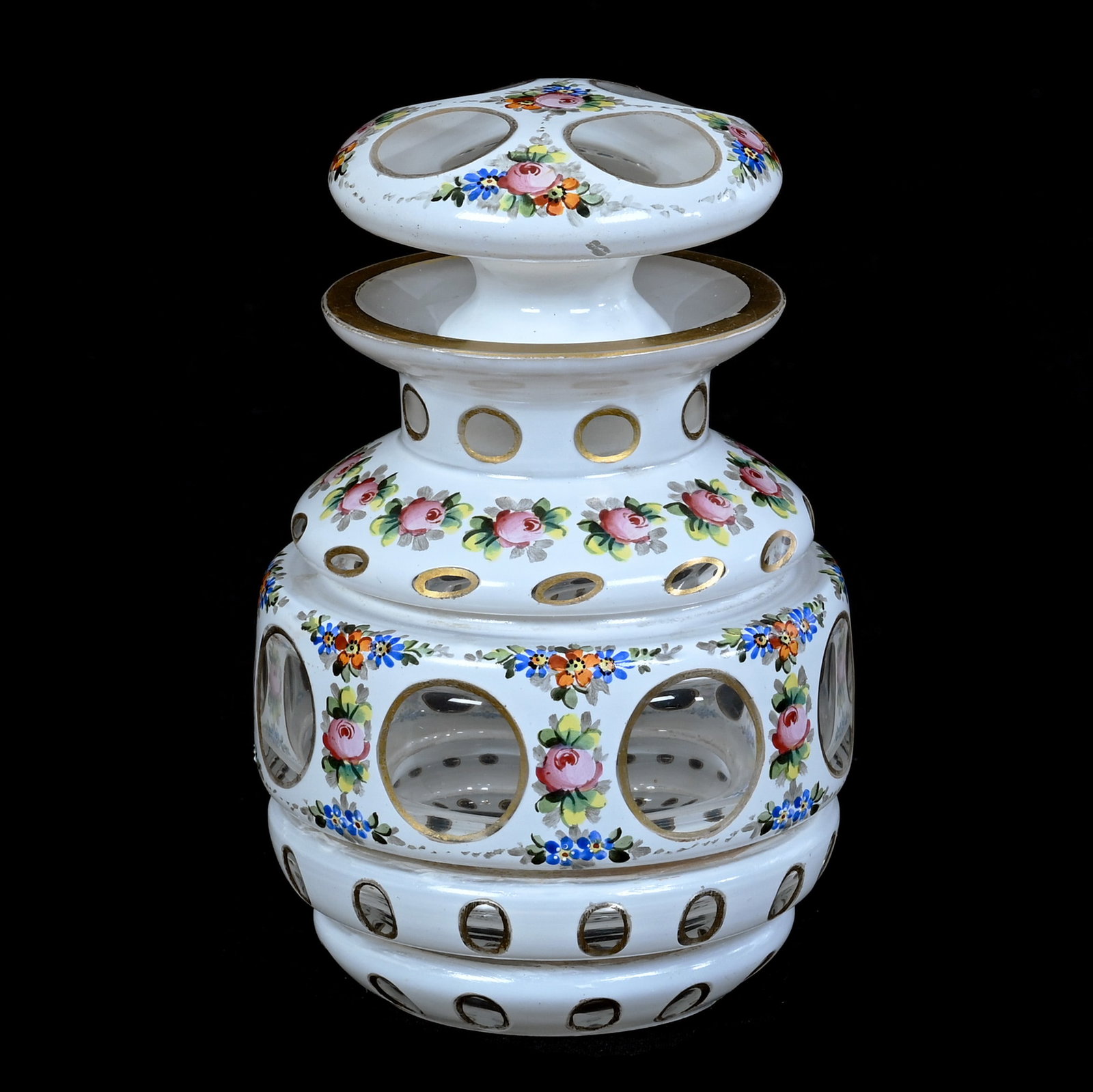 Jar, Bohemian Art Glass: Jar, Bohemian Art Glass, 5.5 x 3.5 x 3.5 Inches, White Cutback Overlay, Colorful Floral Decor, 1.4 Pounds, Hazel Elaine Carlson Estate, Illinois. Effective 6/6/26, All LiveAuctioneers Invoices Must Be