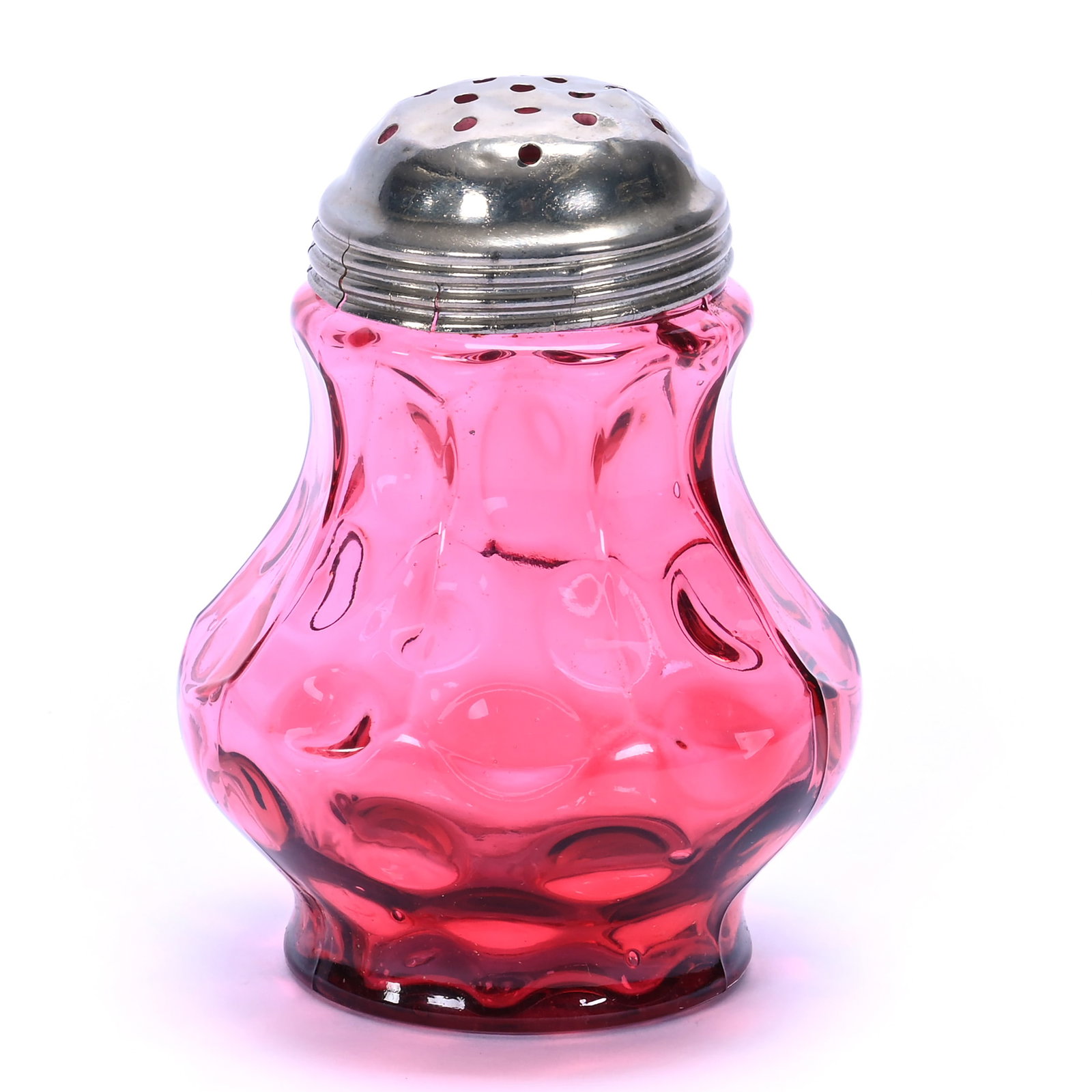 Sugar Shaker, Fenton Art Glass: Sugar Shaker, Fenton Art Glass, 4.75 x 3.75 x 3.75 Inches, Cranberry Coin Dot Optic, Metal Twist Top, Metal Has Some Splits, 0.4 Pounds, Hazel Elaine Carlson Estate, Illinois. Effective 6/6/26, All Li