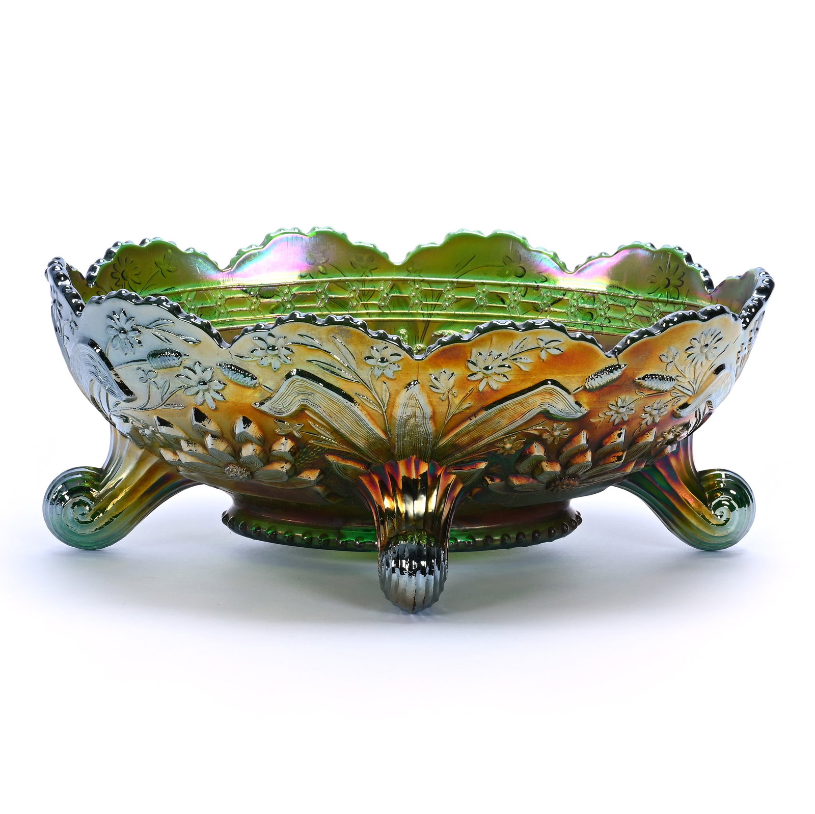 Footed Banana Bowl, Fenton Carnival Glass: Footed Banana Bowl, Fenton Carnival Glass, 11 x 8.5 x 4.25 Inches, Thistle Pattern With Water Lily Exterior, Quality Green, 3.1 Pounds, Hazel Elaine Carlson Estate, Illinois. Effective 6/6/26, All Liv