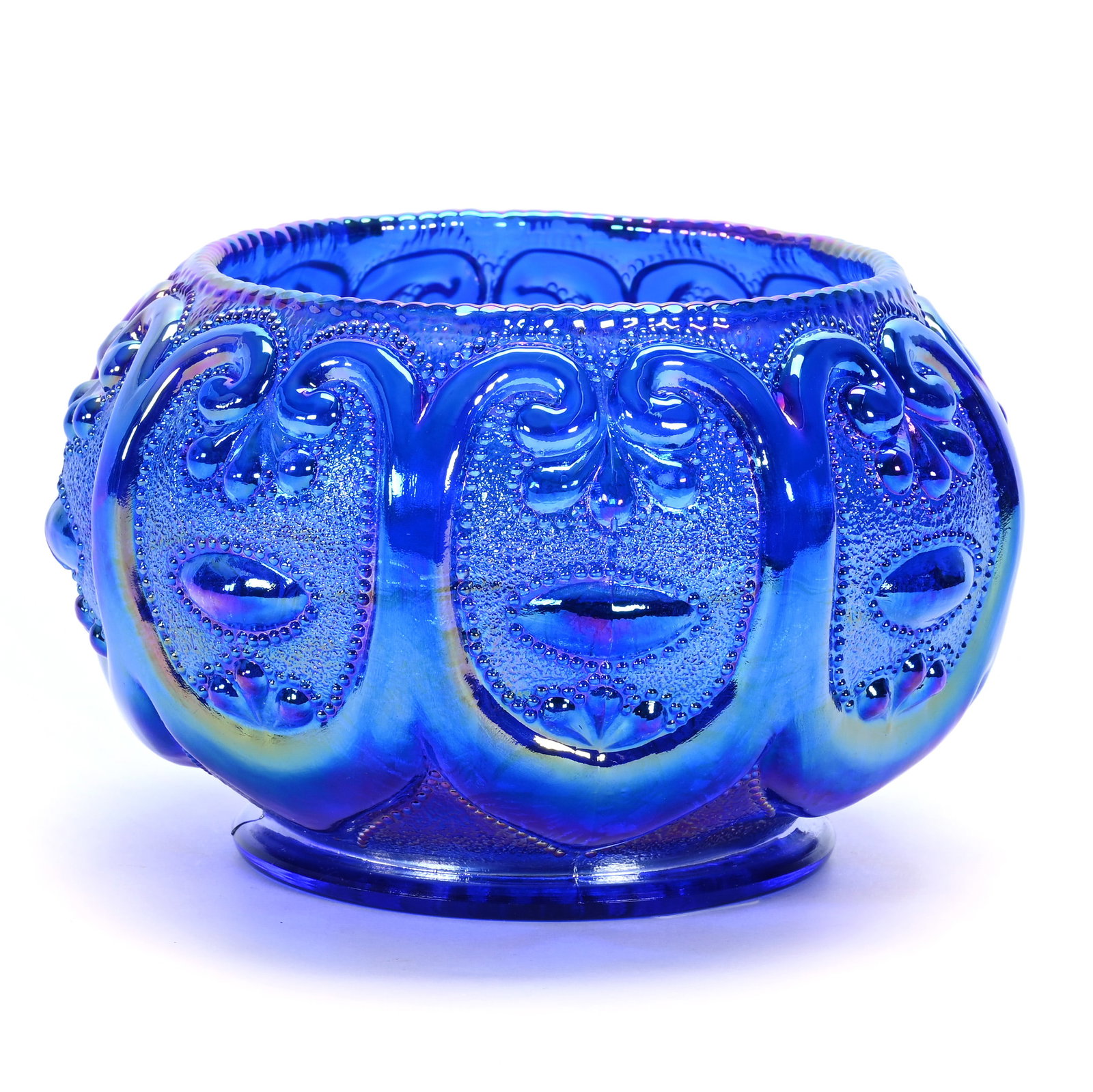 Rose Bowl, Fenton Art Glass: Rose Bowl, Fenton Art Glass, 6.25 x 6.25 x 4 Inches, Iridescent Blue, Farmyard Pattern, Made For Singleton Bailey, 2.3 Pounds, Hazel Elaine Carlson Estate, Illinois. Effective 6/6/26, All LiveAuctione