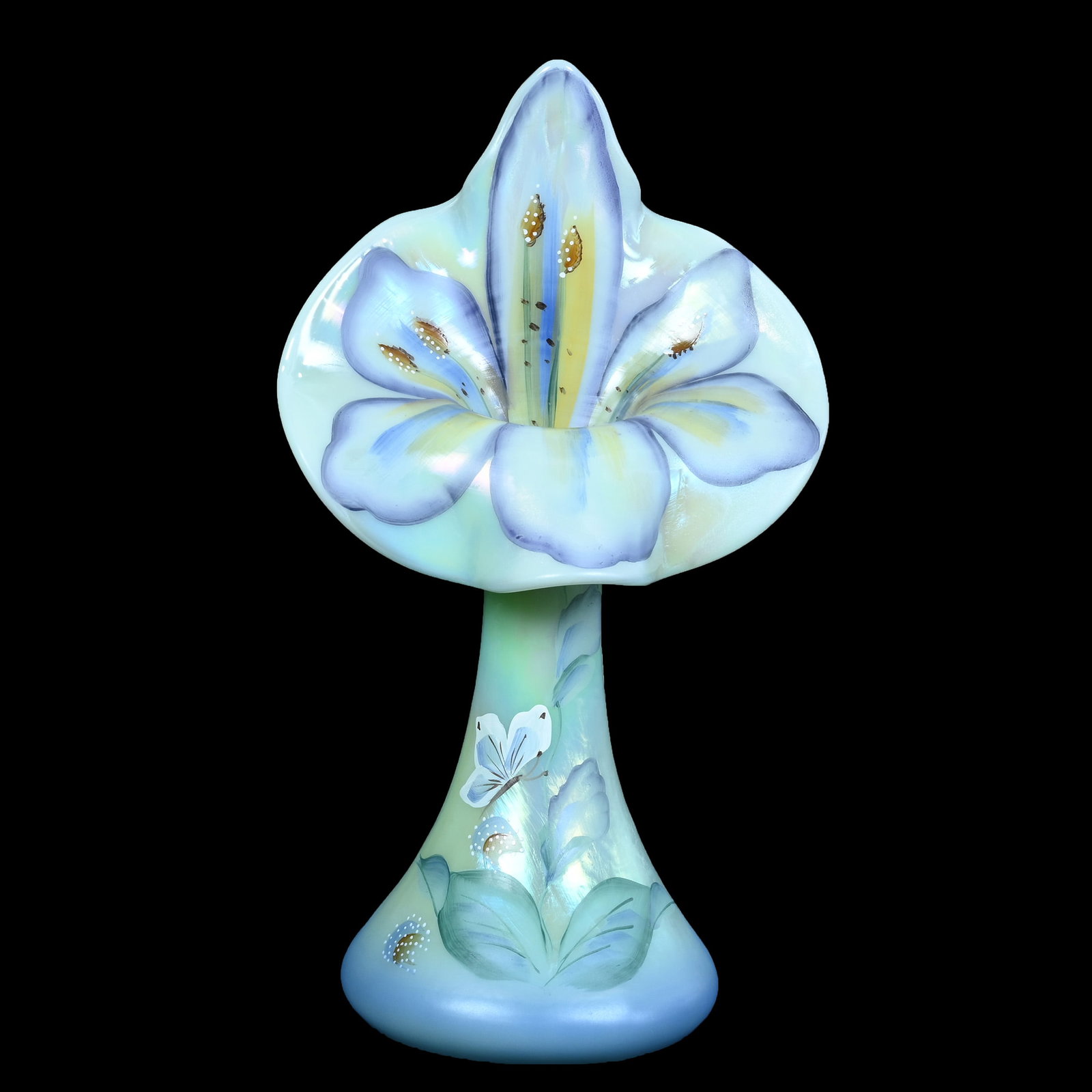 Jack In Pulpit Vase, Fenton Art Glass: Jack In Pulpit Vase, Fenton Art Glass, 11 x 6 x 4.25 Inches, Sea Green, Hand Painted Floral Decor, Circa 1998, Artist Signed, Sells With Original Box, 2.2 Pounds, Hazel Elaine Carlson Estate, Illinois