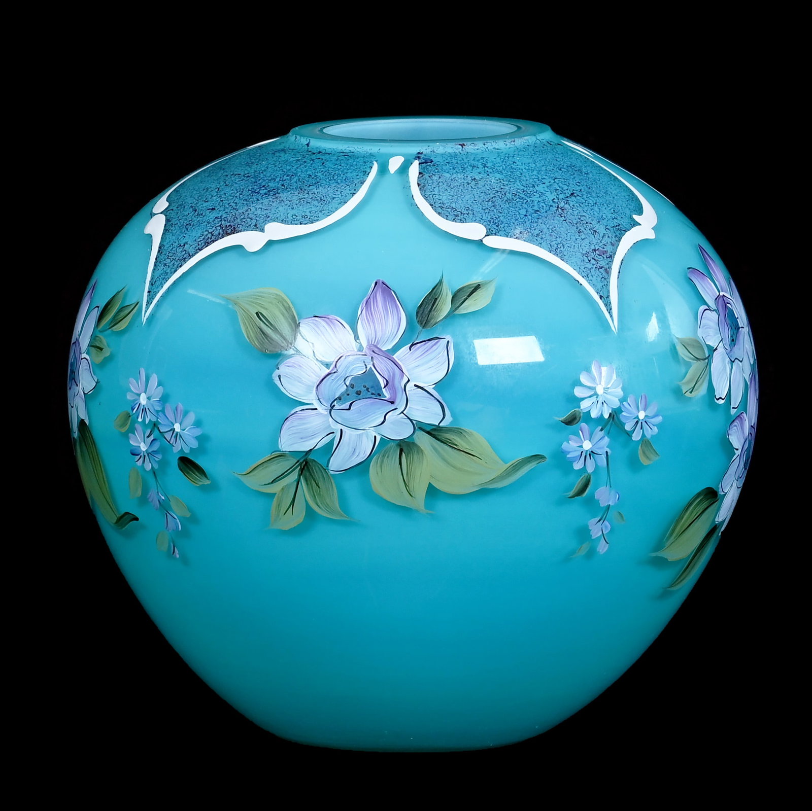 Vase, Fenton Art Glass Limited Edition: Vase, Fenton Art Glass Limited Edition, 5.75 x 6 x 6 Inches, Persian Blue Opalescent With Hand Painted Victorian Rose Pattern, Artist Signed, #47 Of 950, Sells With Original Box And Certificate, Certi