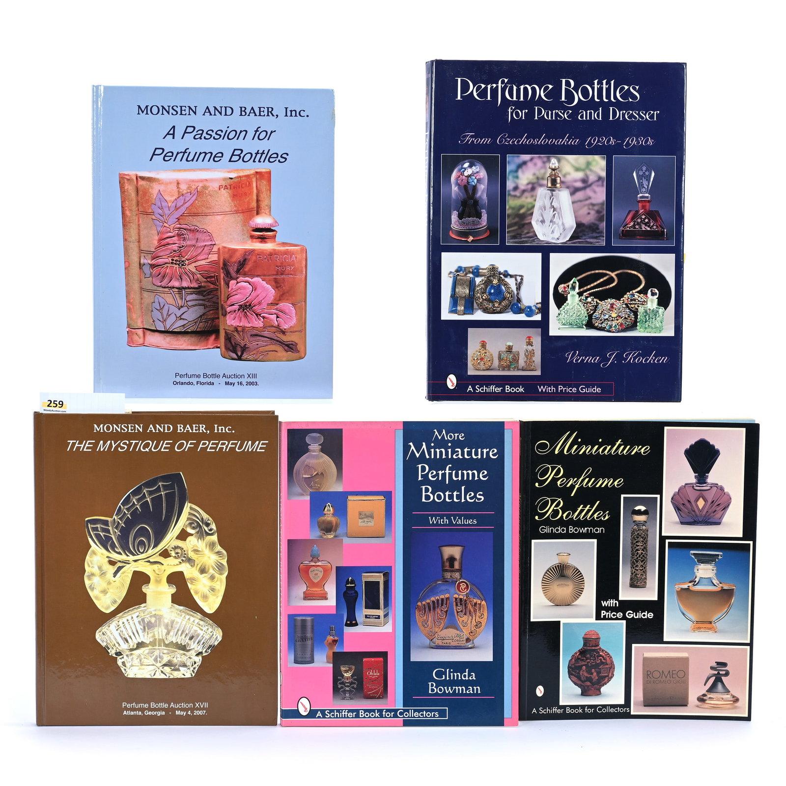 (5) Books About Perfume Bottles: (5) Books About Perfume Bottles, 12.25 x 9.25 x 3.5 Inches, Includes (1) Monsen And Baer, Inc. The Mystique Of Perfume, Perfume Bottle Auction XVII, Atlanta, Georgia, May 4, 2007, (1) Monsen And Baer,