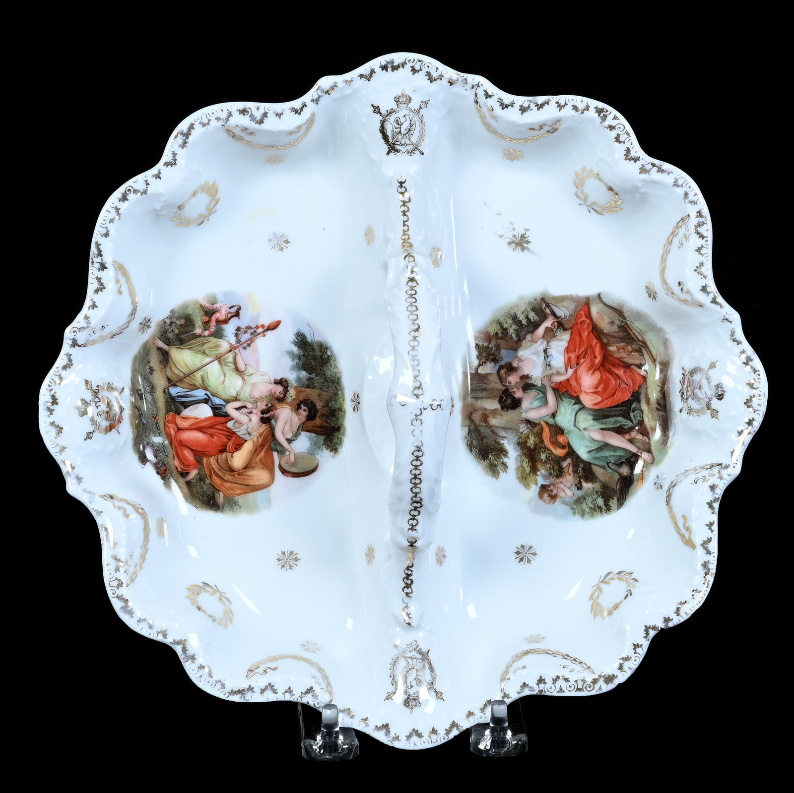 Handled Divided Bowl, Marked Prov Saxe: Handled Divided Bowl, Marked Prov Saxe, 9.75 x 9.25 x 3 Inches, White With Classic Medallion Scenes And Gold Stencil Highlights, 1.3 Pounds, Private Collection, Nevada. Effective 6/6/26, All LiveAucti