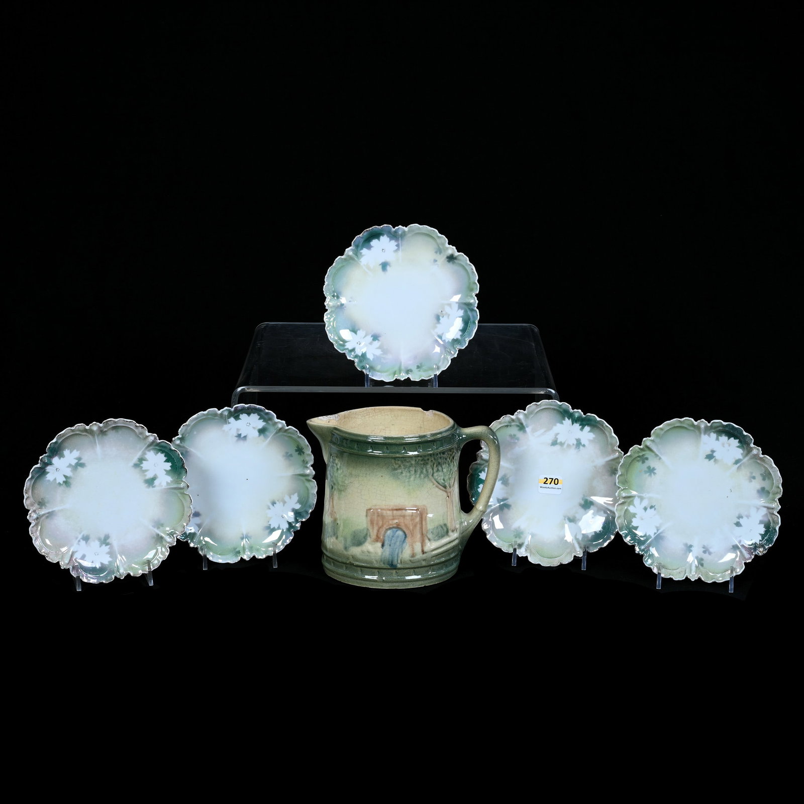 Pitcher And (5) Plates: Pitcher And (5) Plates, 5.75 x 7 x 5 Inches, (1) Pitcher, Unmarked Roseville Pottery, "The Bridge" Scenic Decor, Circa 1910, Rim And Spout Chips And (5) 6.25" Plates, Unmarked Prussia, Green And White