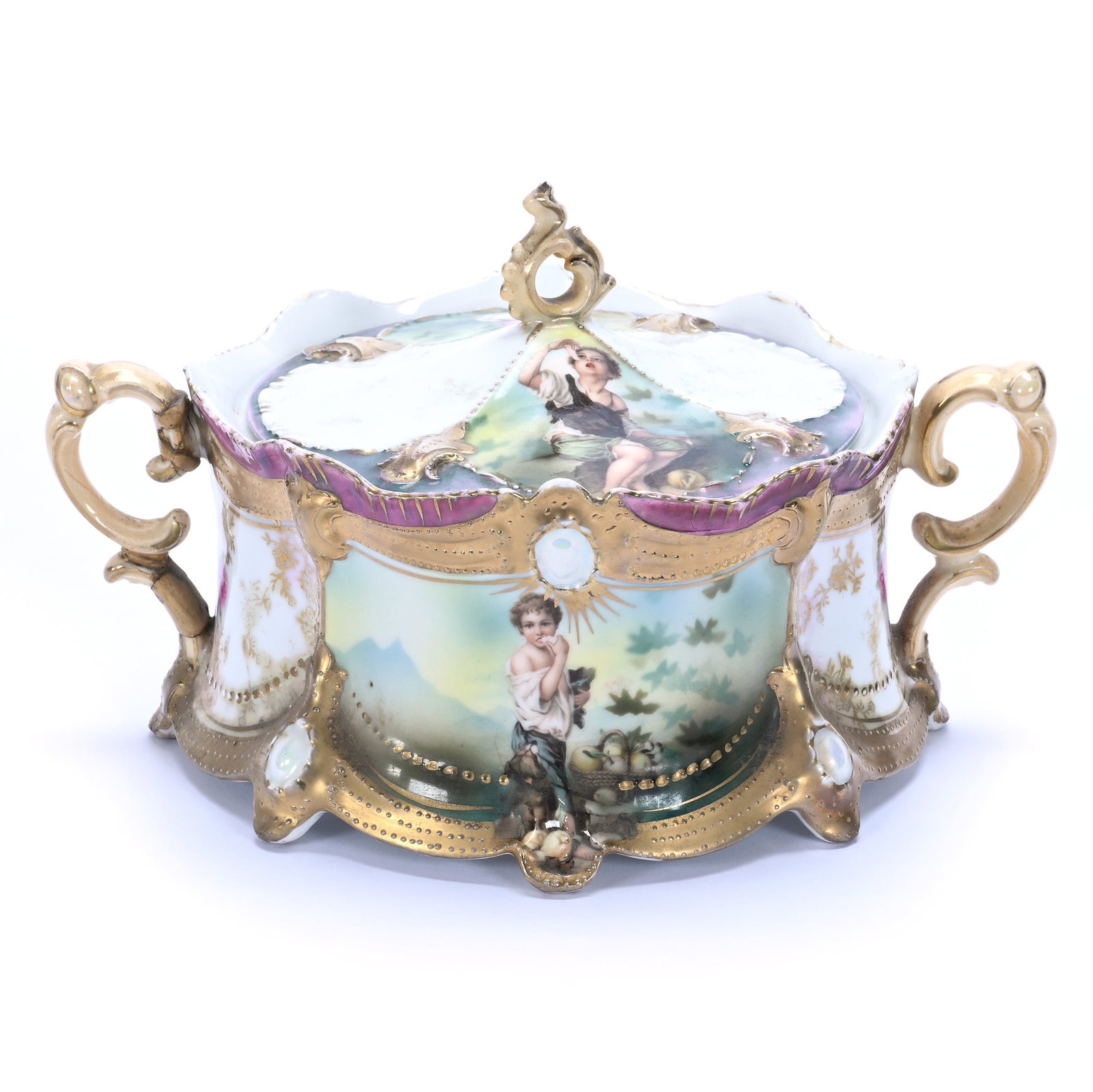 Two Handled Cracker Jar, Marked R.S. Prussia: Two Handled Cracker Jar, Marked R.S. Prussia, 8.75 x 7 x 5 Inches, Ribbon And Jewel Mold, Melon Eater Scenic Decor, Gold Ribbon And Opal Jewel Highlights, Some Color Fading On White Areas, 1.7 Pounds,