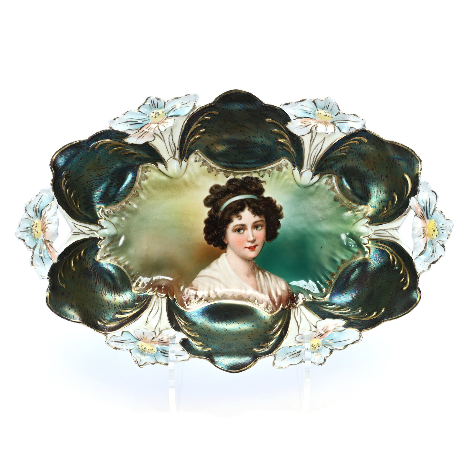 Bread Bowl, Unmarked R.S. Prussia, Lily Mold: Bread Bowl, Unmarked R.S. Prussia, Lily Mold, 13 x 8.5 x 2.5 Inches, Lebrun With Ribbon Portrait On Green And Brown Background, Flawless Iridescent Peacock Tiffany Domes, 1.1 Pounds, Private Collectio