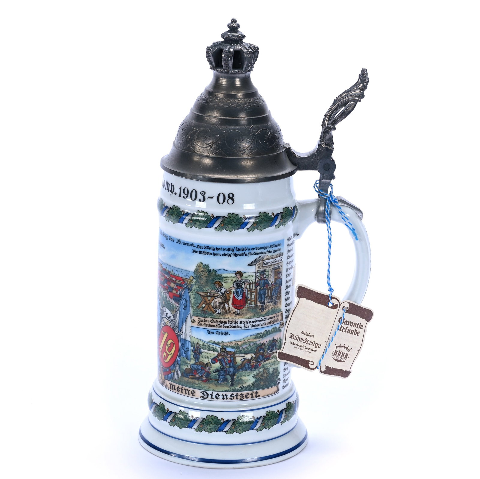 Regimental German Stein By Kuhr: Regimental German Stein By Kuhr, 10.5 x 5.25 x 4.25 Inches, Represents The Infantry Regiment From 1903 To 1908, Lithopane Base, Made In West Germany, 2.1 Pounds, Private Collection, Nevada. Effective 