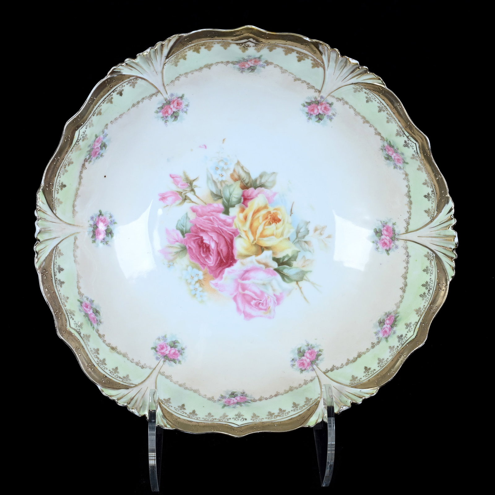 Bowl, Marked R.S. Prussia: Bowl, Marked R.S. Prussia, 10 x 10 x 3 Inches, Cream And Green Tones With Rose Decor And Heavy Gold Border, 1.2 Pounds, Private Collection, Nevada. Effective 6/6/26, All LiveAuctioneers Invoices Must 